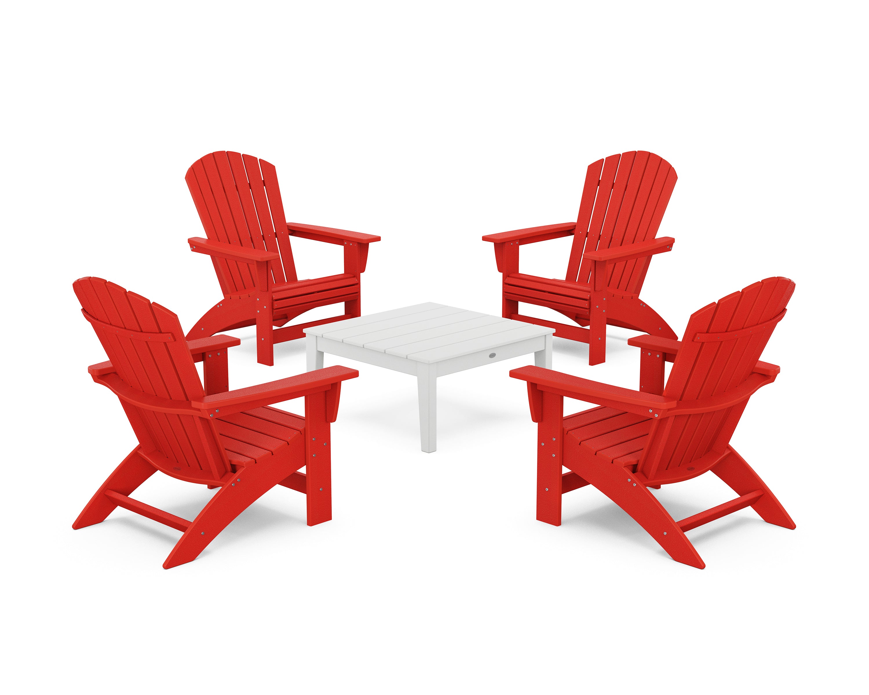 POLYWOOD 5-Piece Nautical Grand Adirondack Chair Conversation Group in Sunset Red / White