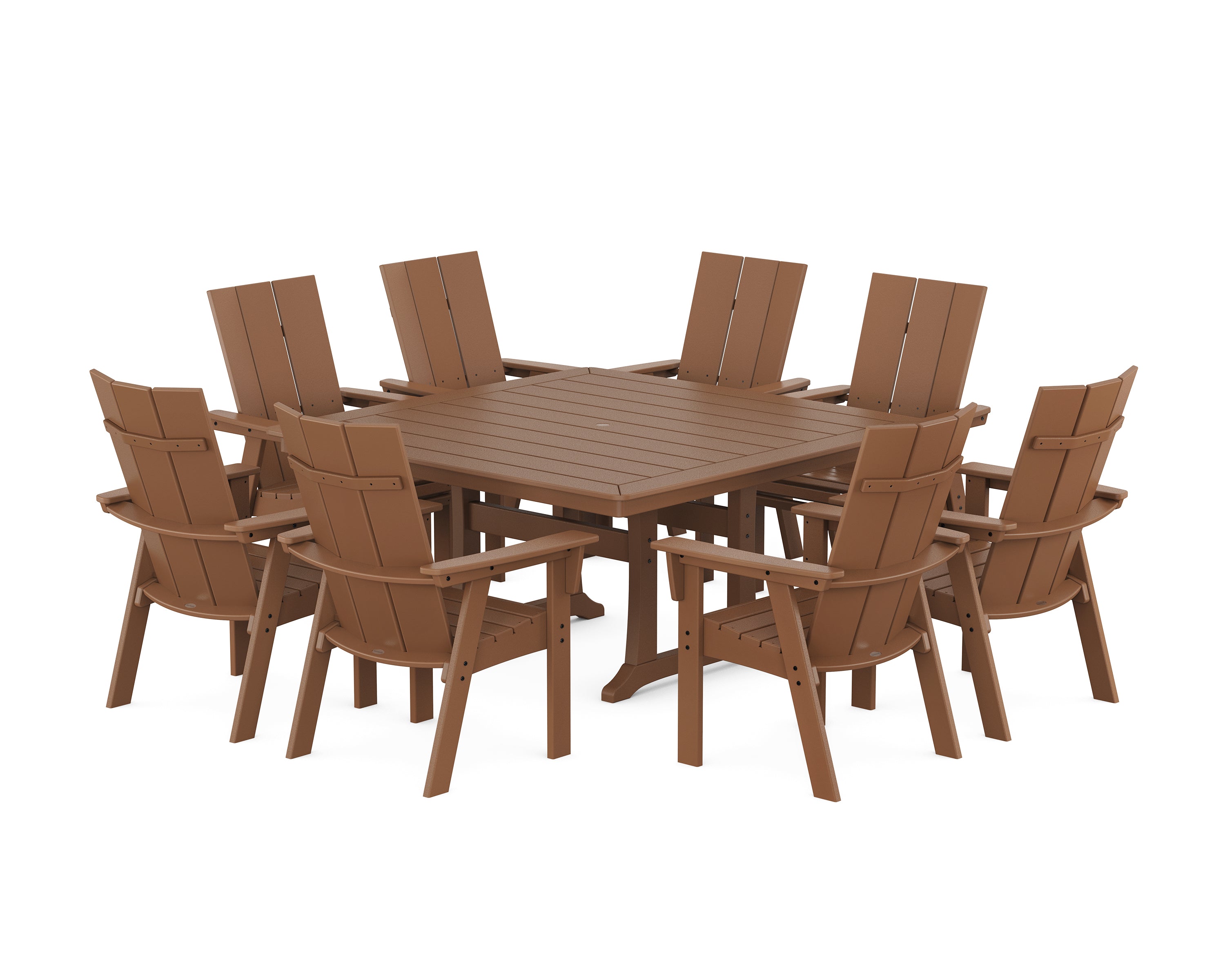 POLYWOOD Modern Curveback Adirondack 9-Piece Square Dining Set with Trestle Legs in Teak