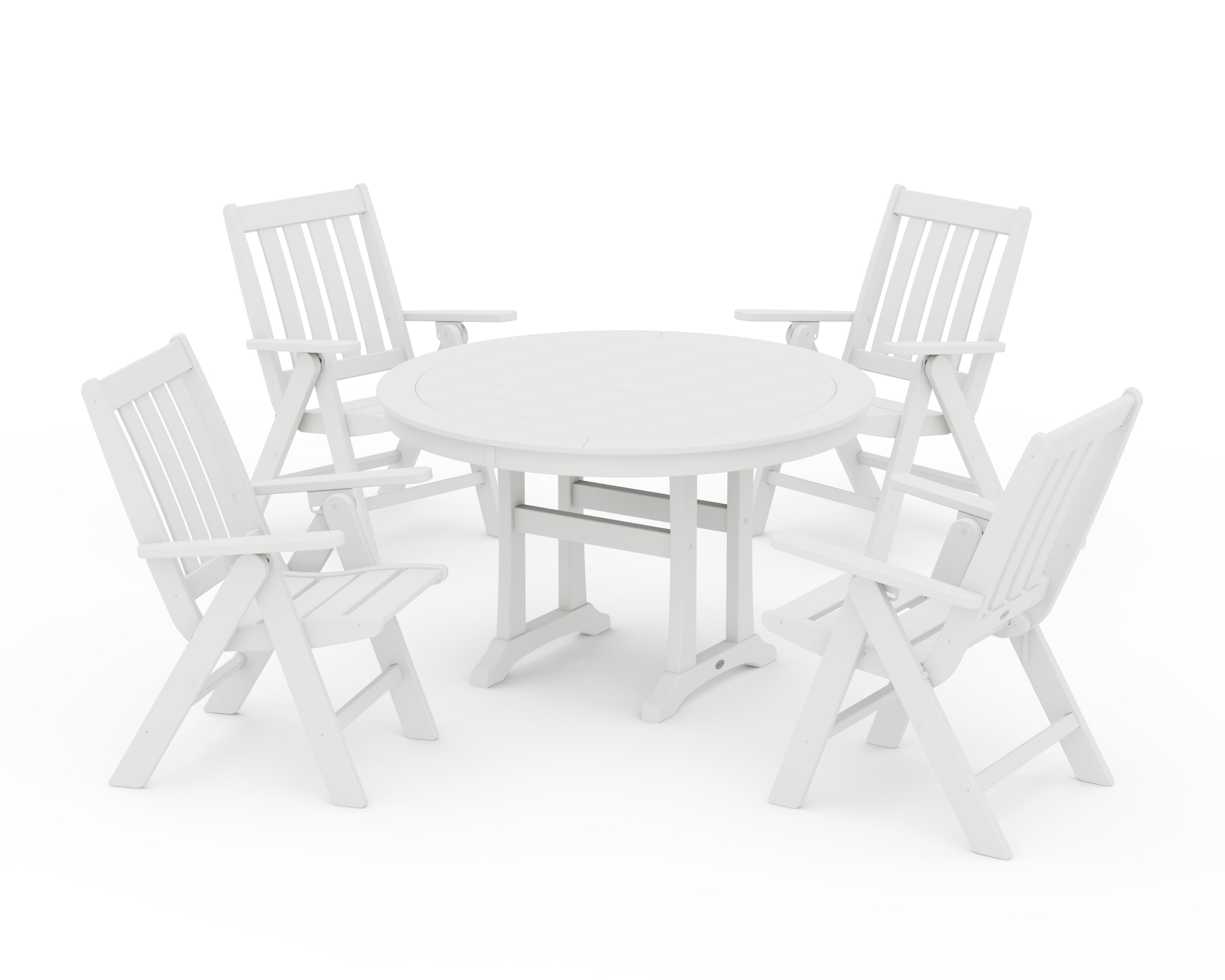 POLYWOOD Vineyard Folding Chair 5-Piece Round Dining Set with Trestle Legs in White