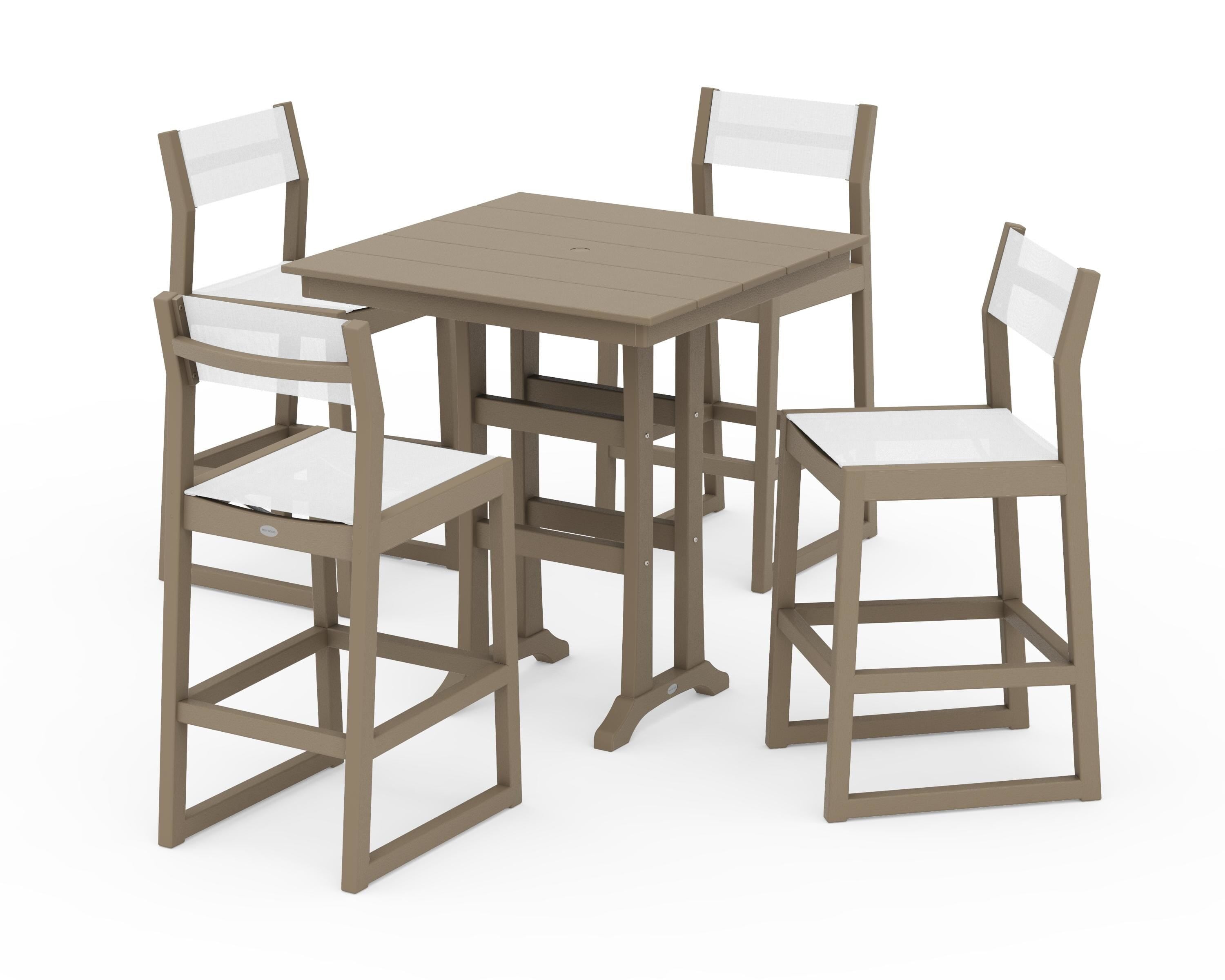 POLYWOOD EDGE Sling Arm Chair 5-Piece Farmhouse Bar Set with Trestle Legs in Vintage Sahara / White Sling