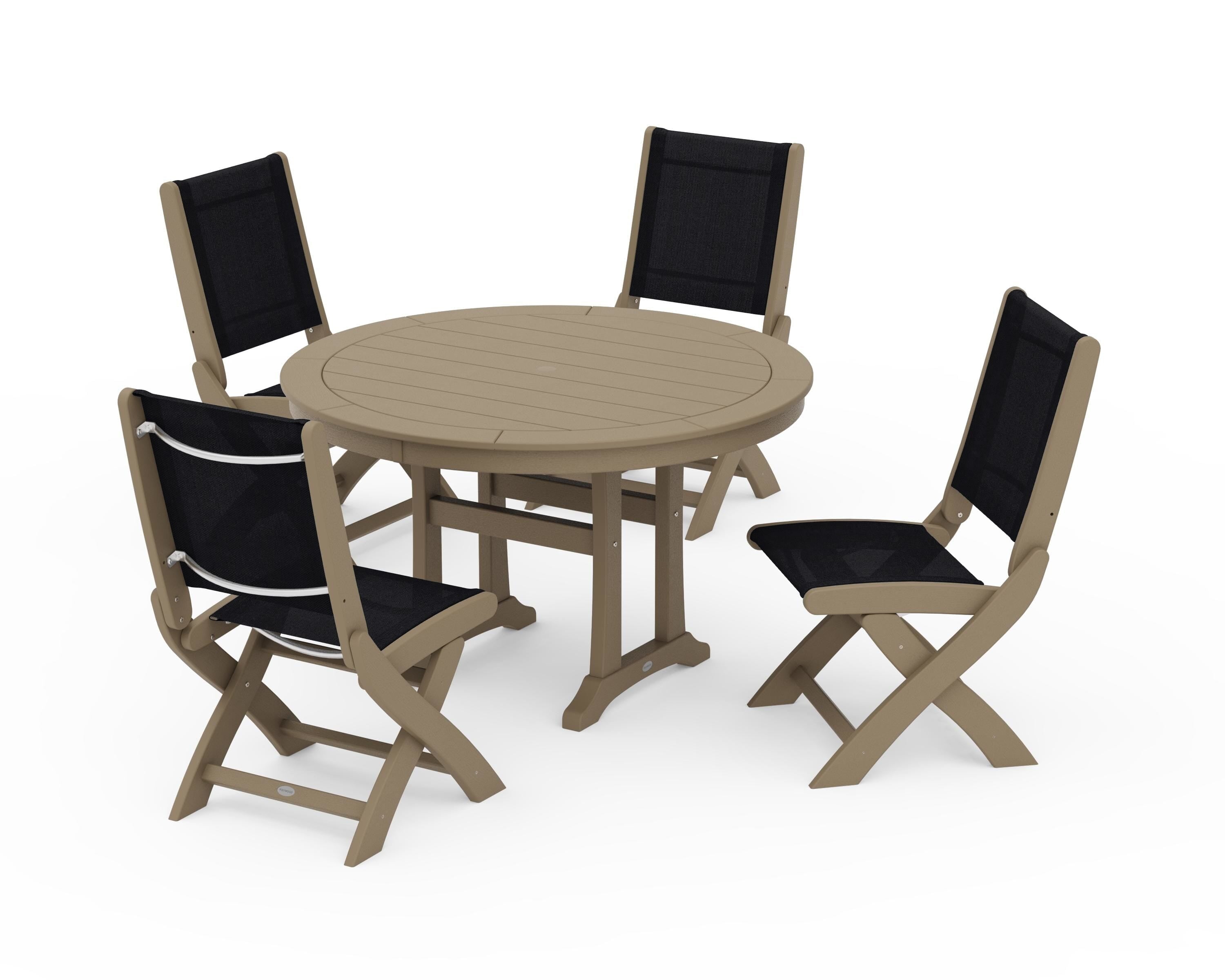POLYWOOD Coastal Folding Side Chair 5-Piece Round Dining Set With Trestle Legs in Vintage Sahara / Black Sling