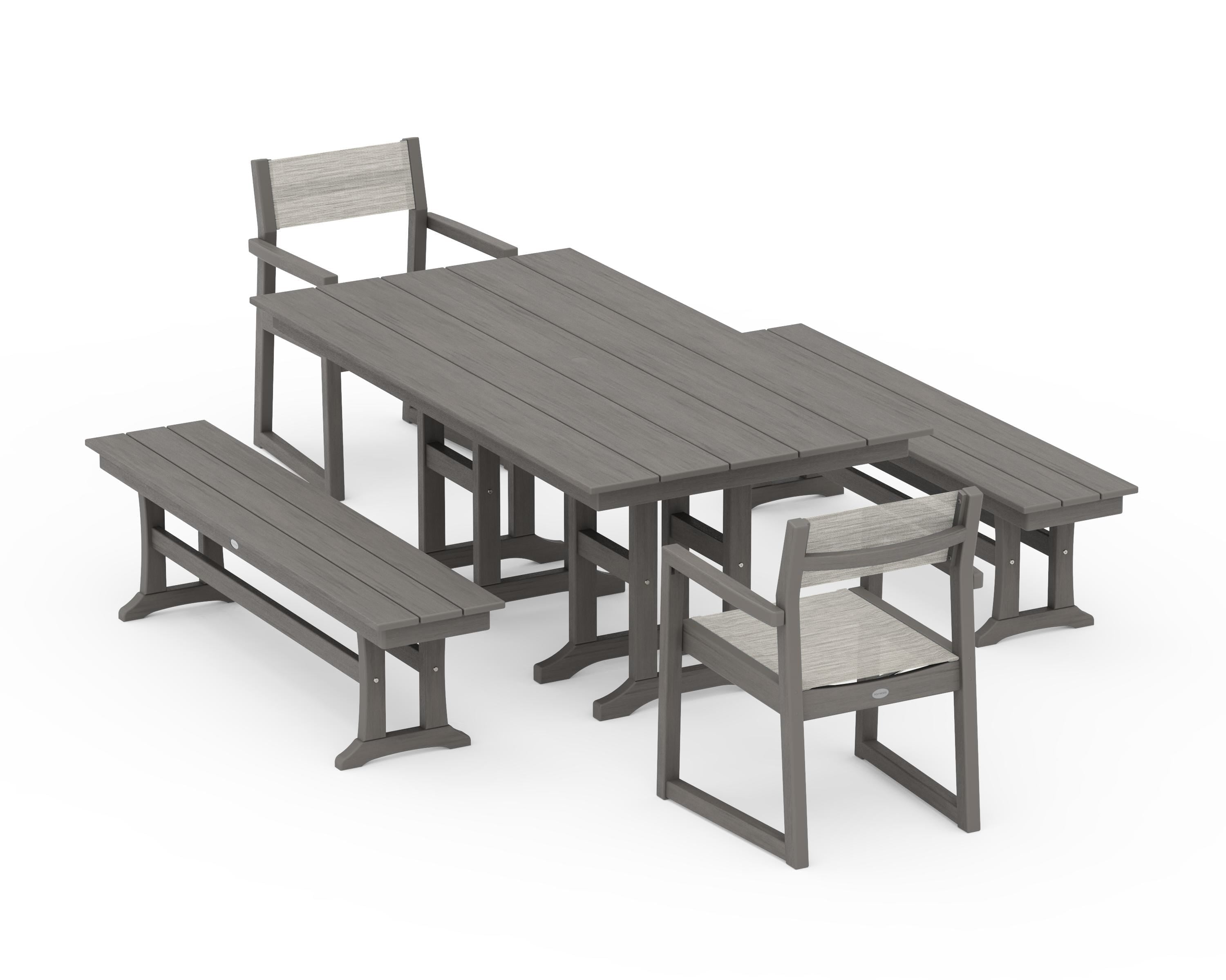 POLYWOOD EDGE Sling Arm Chair 5-Piece Farmhouse Dining Set with Benches in Driftwood / Birch Sling