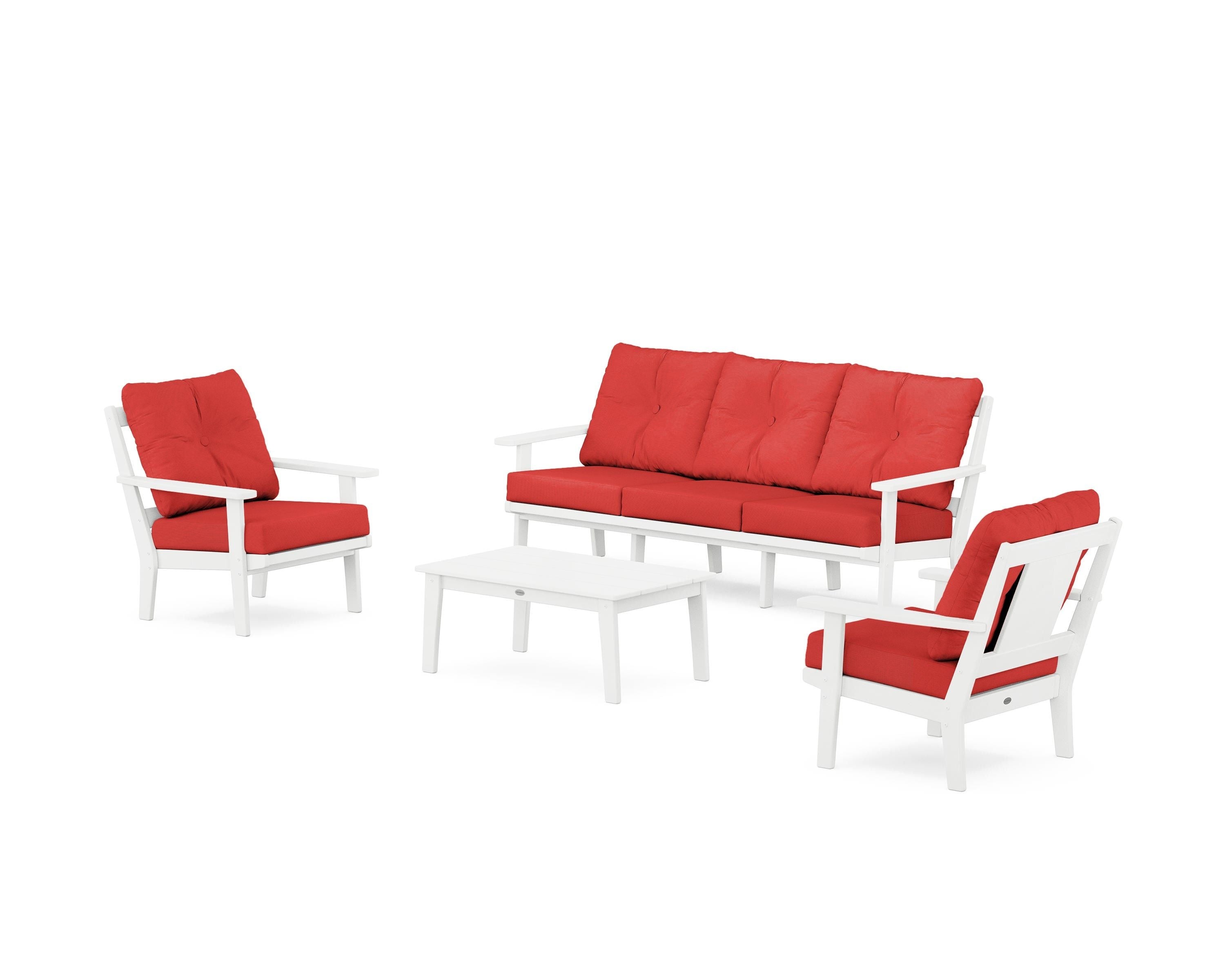 POLYWOOD Prairie 4-Piece Deep Seating Set with Sofa in White / Crimson Linen
