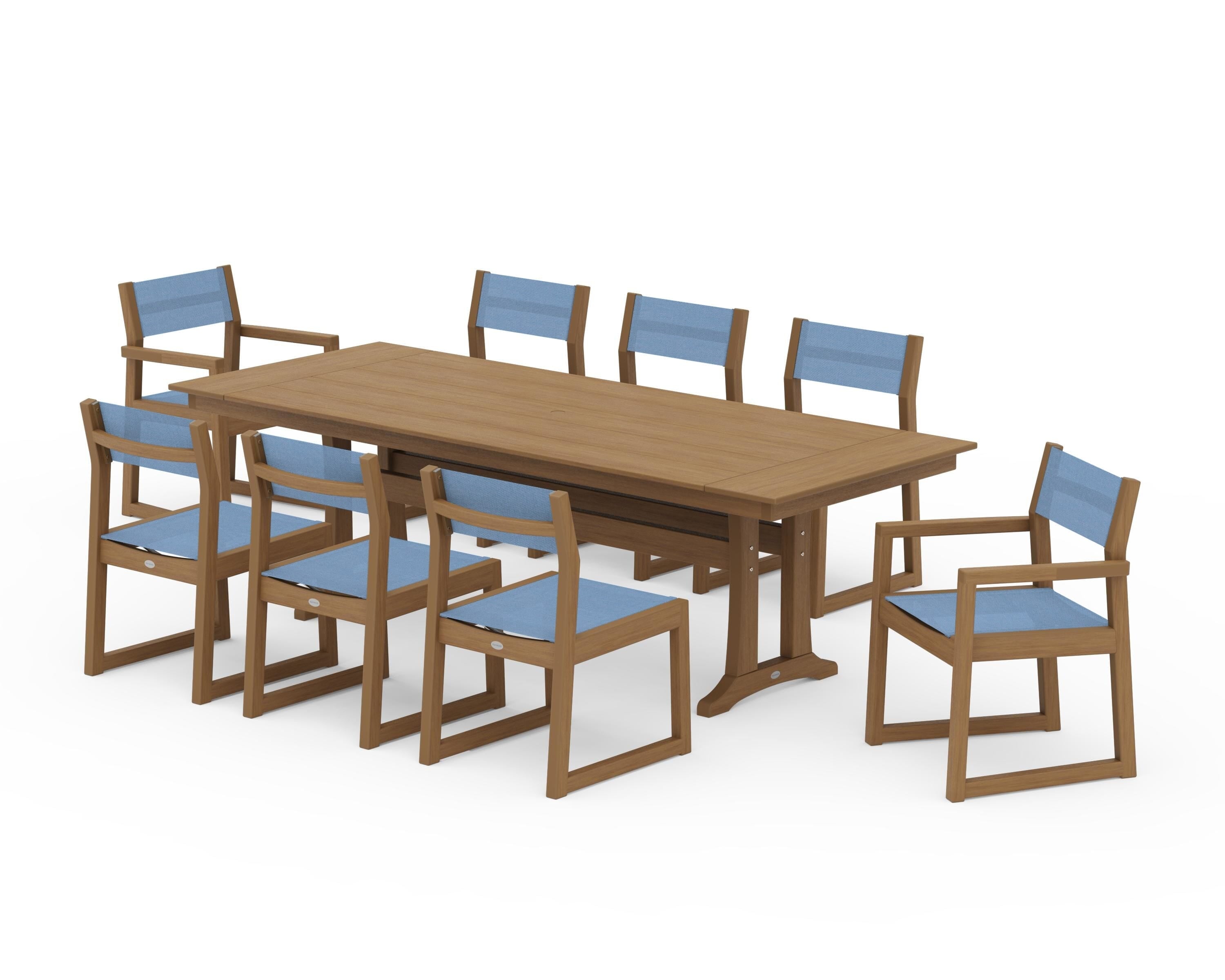 POLYWOOD EDGE Sling 9-Piece Farmhouse Trestle Dining Set in Natural / Poolside Sling