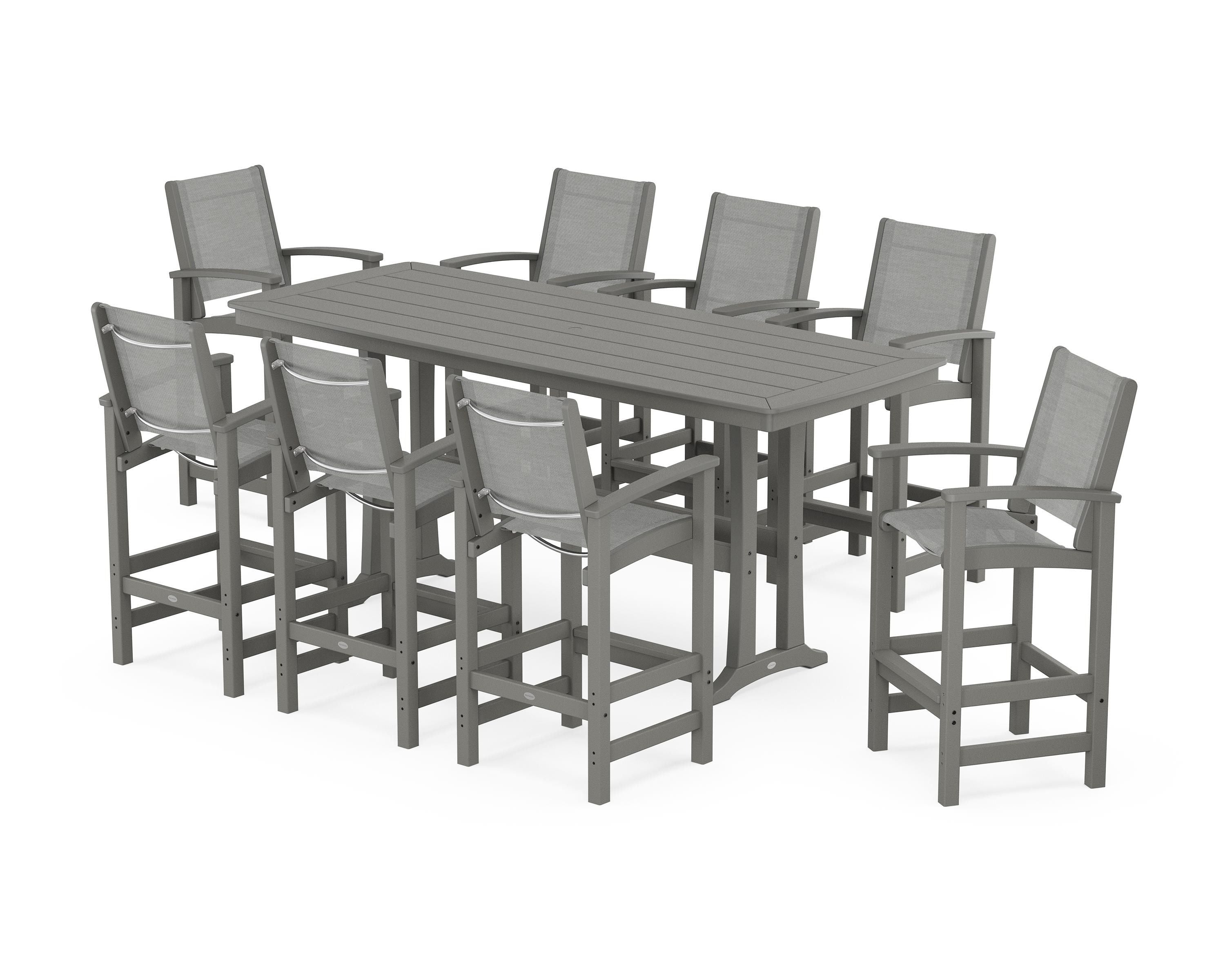 POLYWOOD Coastal 9-Piece Bar Set with Trestle Legs in Slate Grey / Metallic Sling