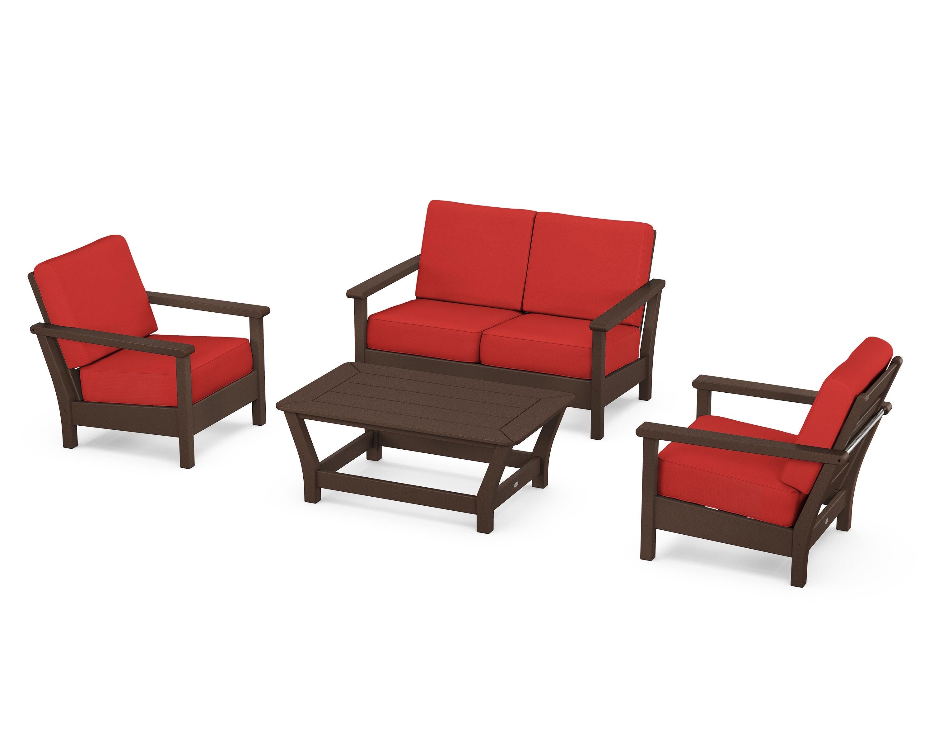 POLYWOOD Harbour 4-Piece Deep Seating Set in Mahogany / Crimson Linen