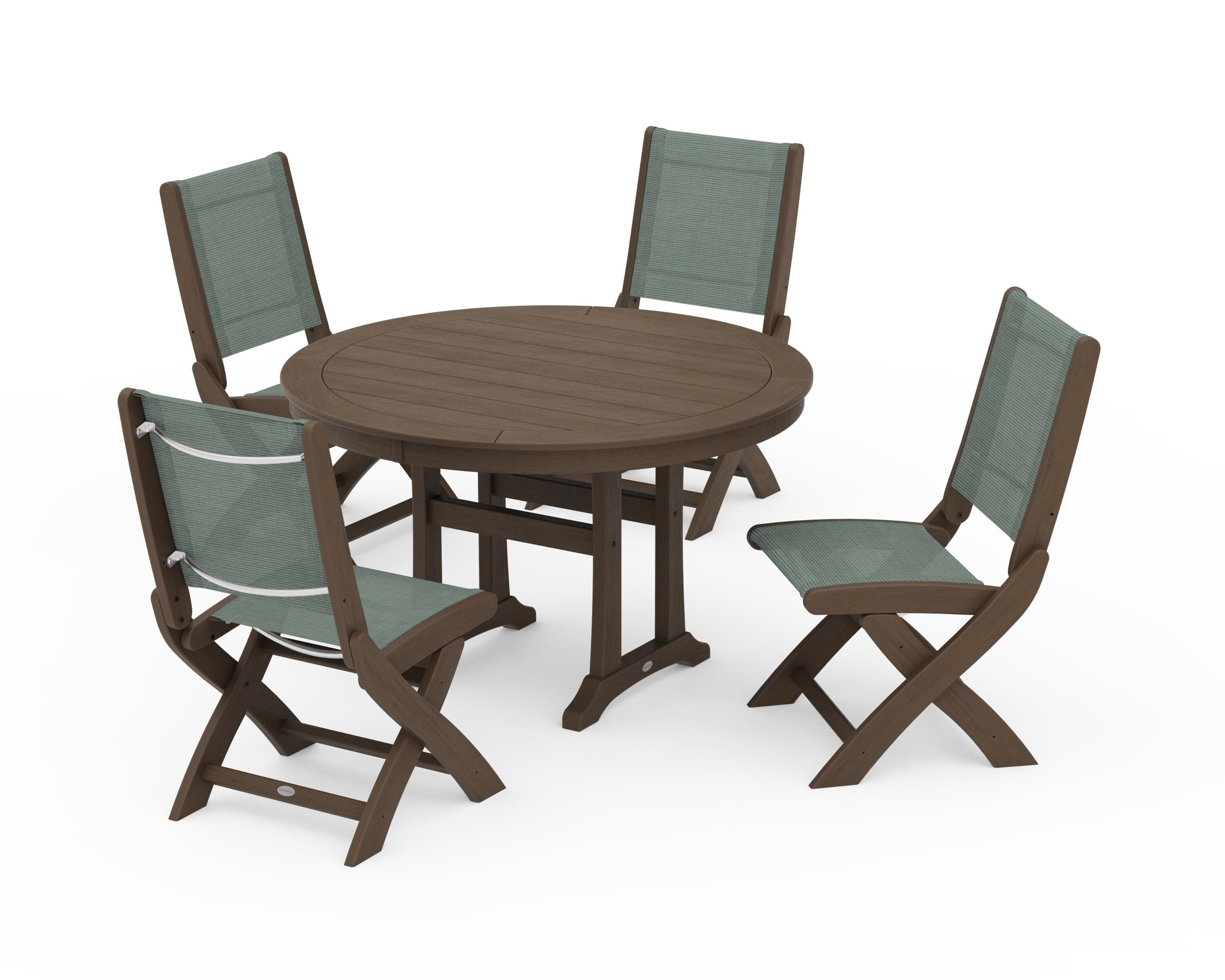 POLYWOOD Coastal Folding Side Chair 5-Piece Round Dining Set With Trestle Legs in Kona / Dupioni Sea Mist Sling