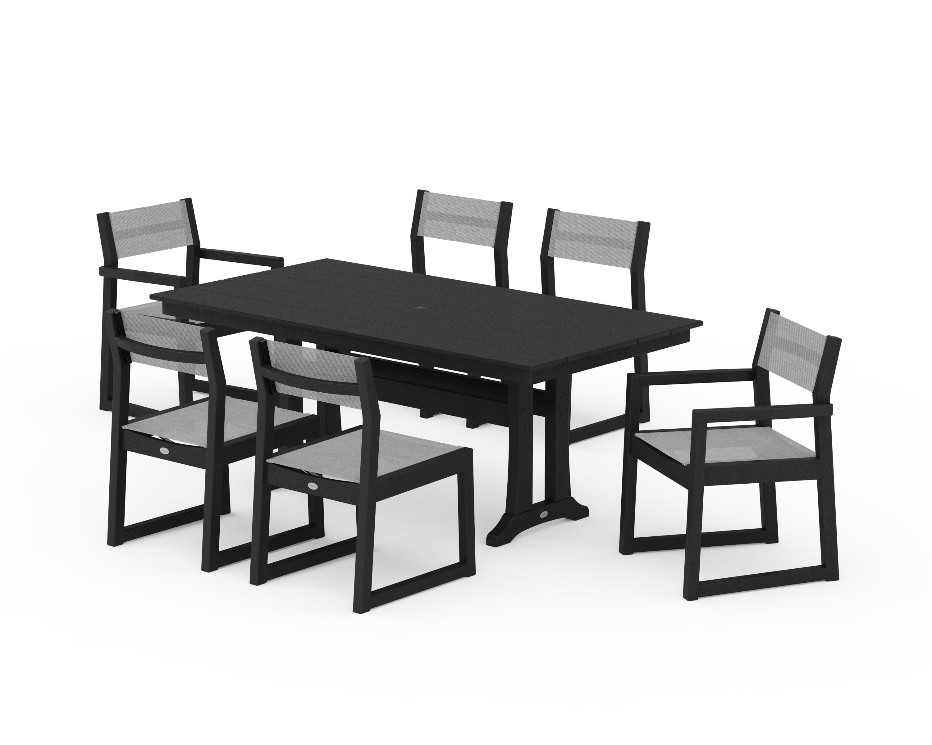 POLYWOOD EDGE Sling 7-Piece Farmhouse Trestle Dining Set in Black / Metallic Sling