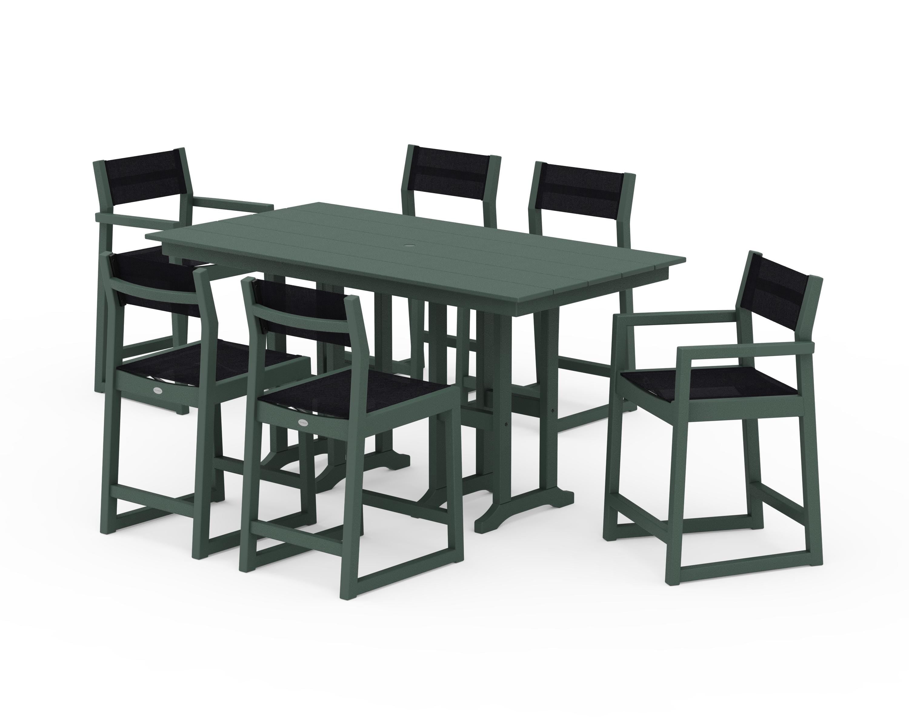 POLYWOOD EDGE Sling 7-Piece Farmhouse Counter Set with Trestle Legs in Green / Black Sling