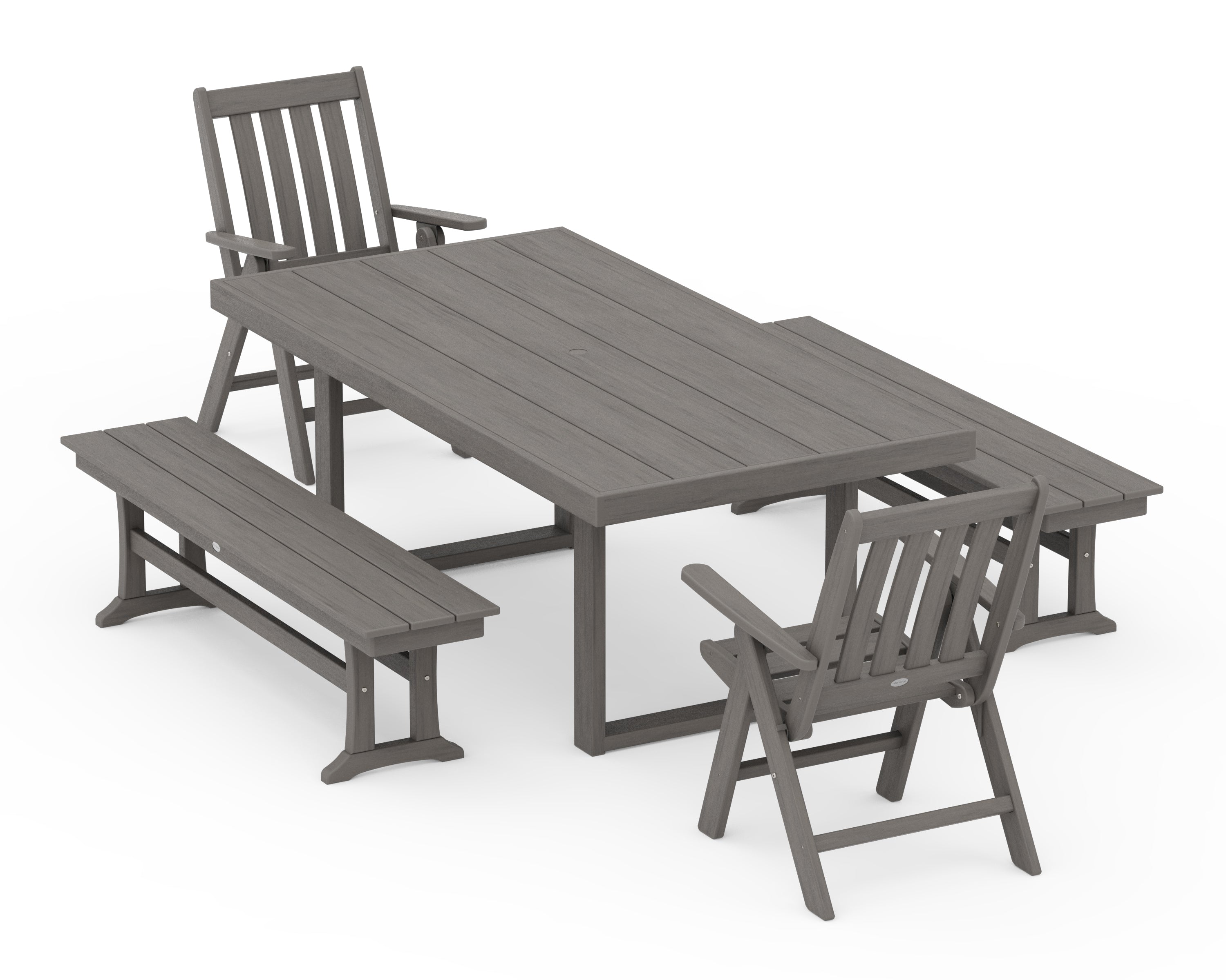 POLYWOOD Vineyard Folding Chair 5-Piece Dining Set with Benches in Driftwood