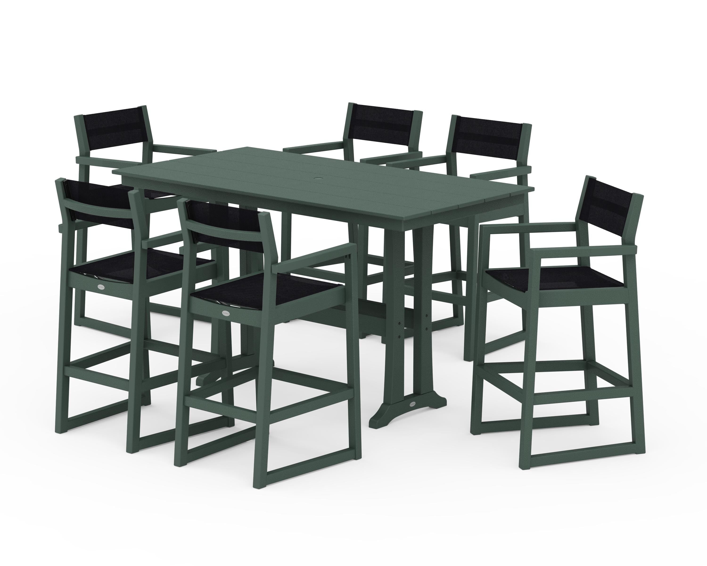 POLYWOOD EDGE Sling Arm Chair 7-Piece Farmhouse Bar Set with Trestle Legs in Green / Black Sling