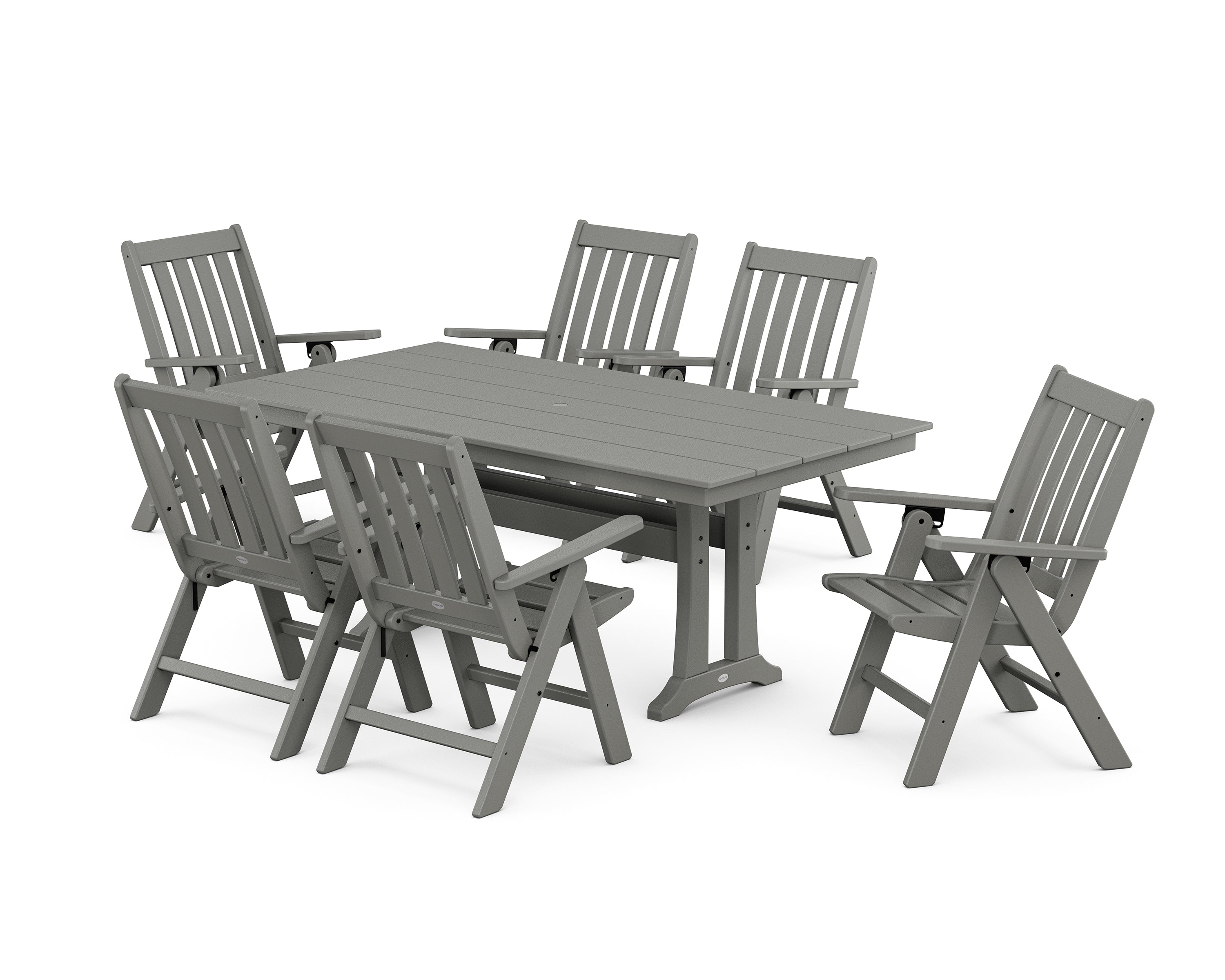 POLYWOOD Vineyard Folding Chair 7-Piece Farmhouse Dining Set with Trestle Legs in Slate Grey
