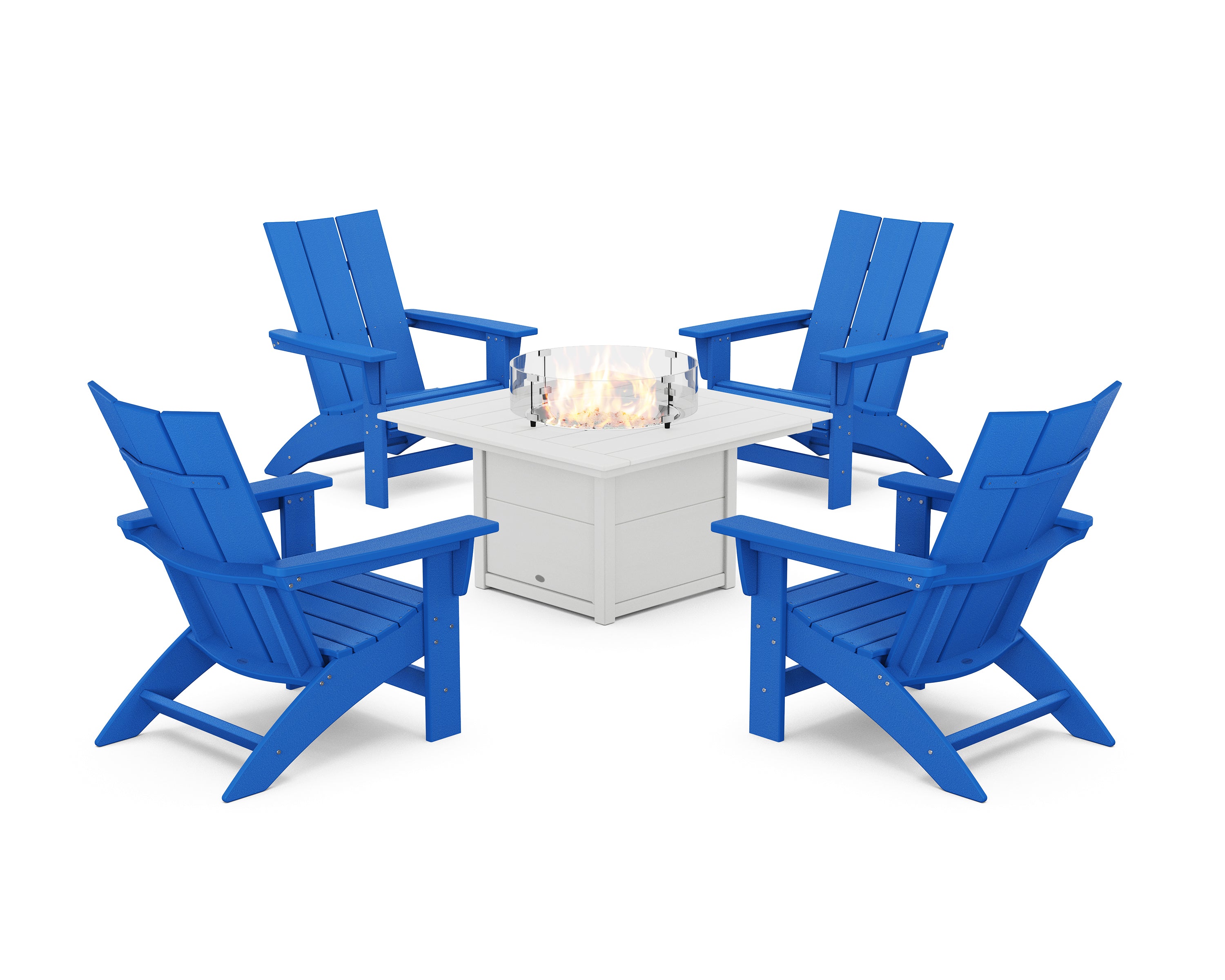 POLYWOOD 5-Piece Modern Grand Adirondack Conversation Set with Fire Pit Table in Pacific Blue / White