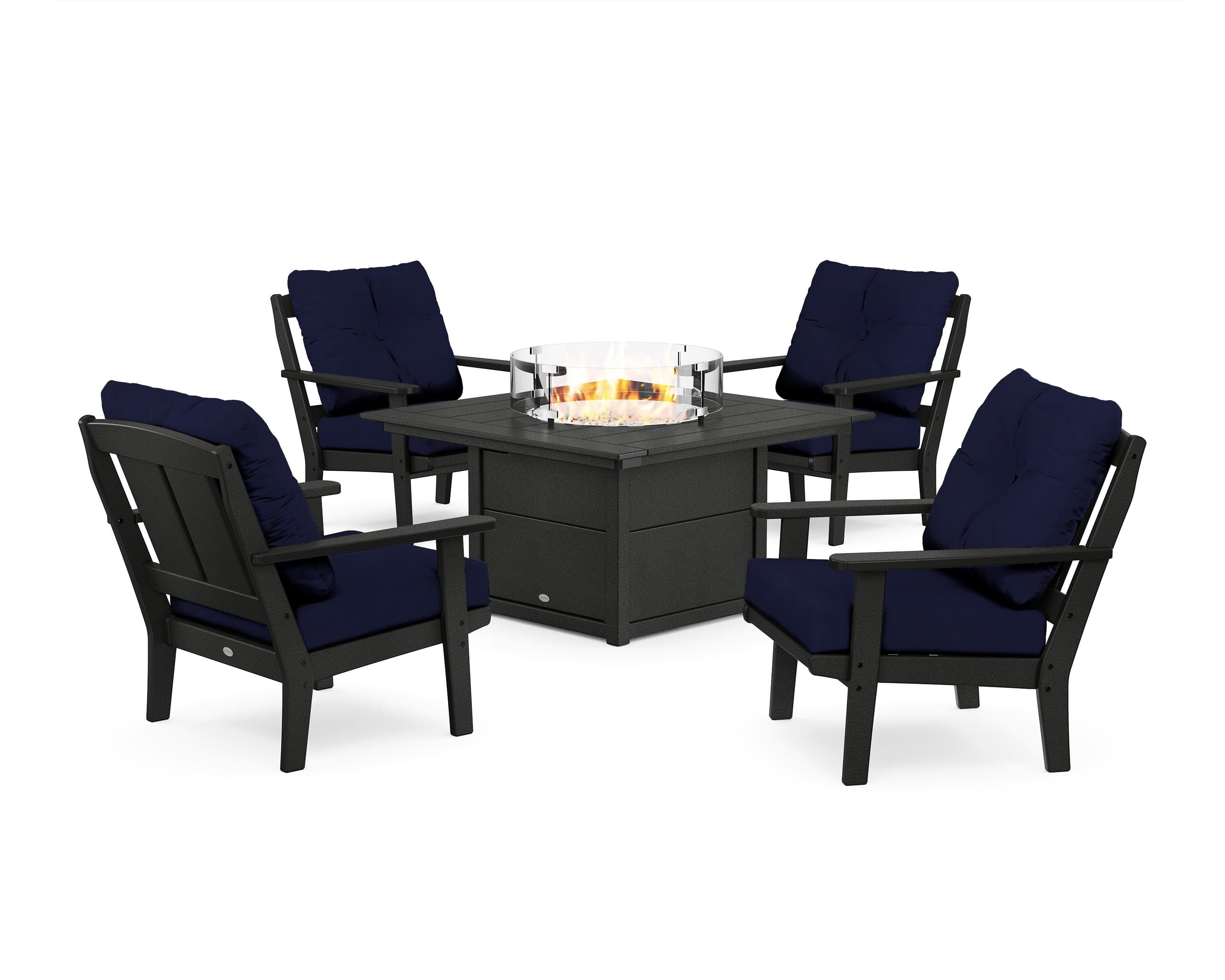 POLYWOOD Mission 5-Piece Deep Seating Set with Fire Pit Table in Black / Navy
