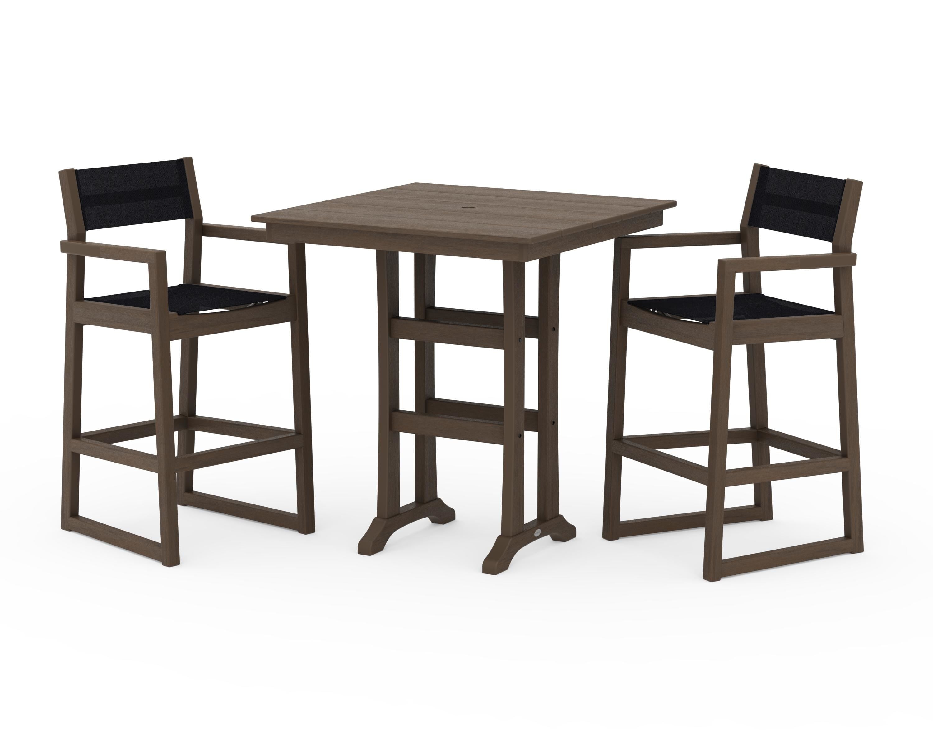 POLYWOOD EDGE Sling Arm Chair 3-Piece Farmhouse Bar Set with Trestle Legs in Kona / Black Sling
