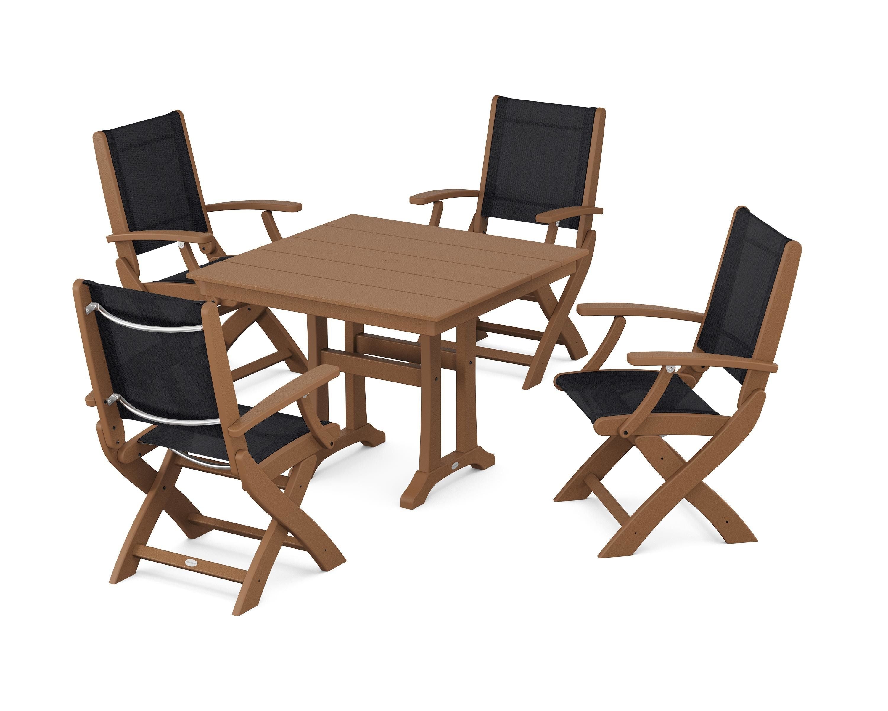 POLYWOOD Coastal Folding Chair 5-Piece Farmhouse Dining Set With Trestle Legs in Teak / Black Sling