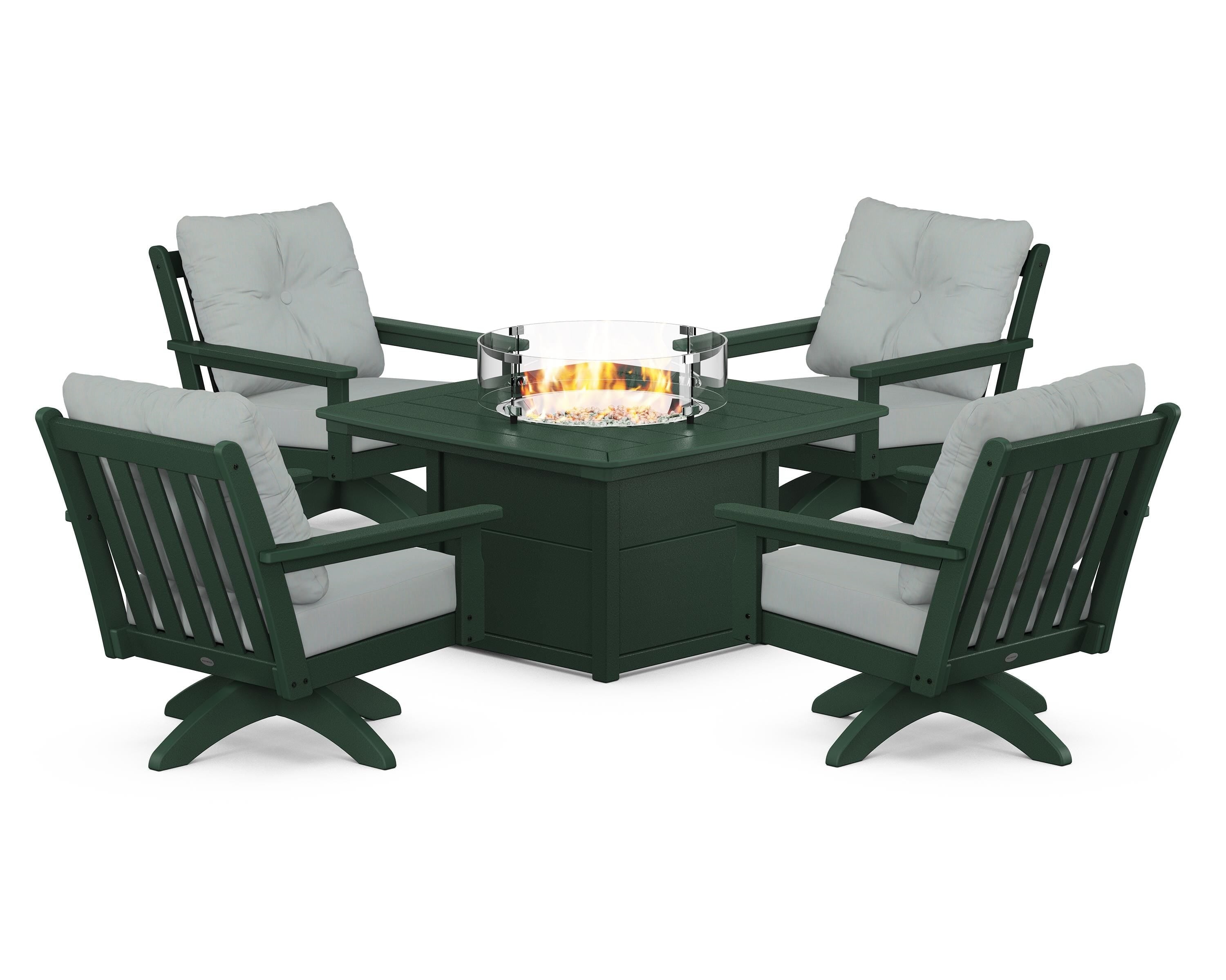 POLYWOOD Vineyard 5-Piece Deep Seating Swivel Conversation Set with Fire Pit Table in Green / Spa