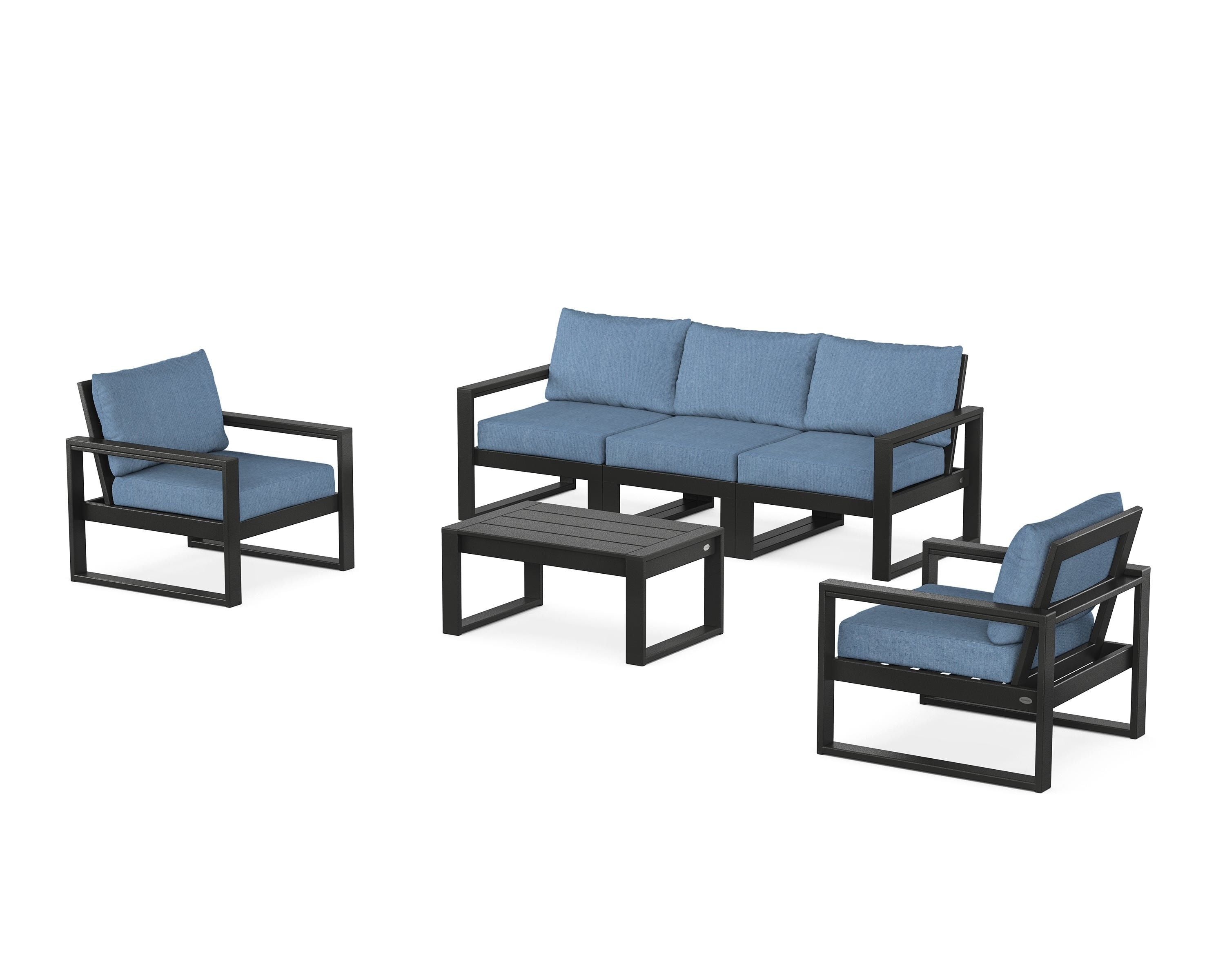 POLYWOOD EDGE Sectional 4-Piece Deep Seating Set with Sofa in Black / Sky Blue