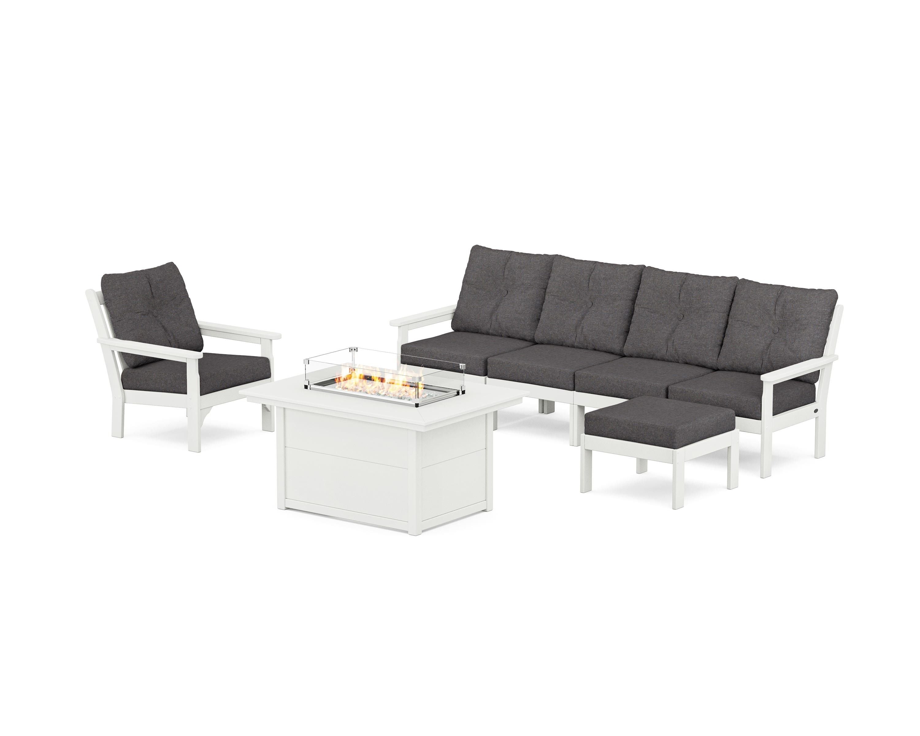 POLYWOOD Vineyard Sectional Lounge and Fire Pit Set in Vintage White / Ash Charcoal