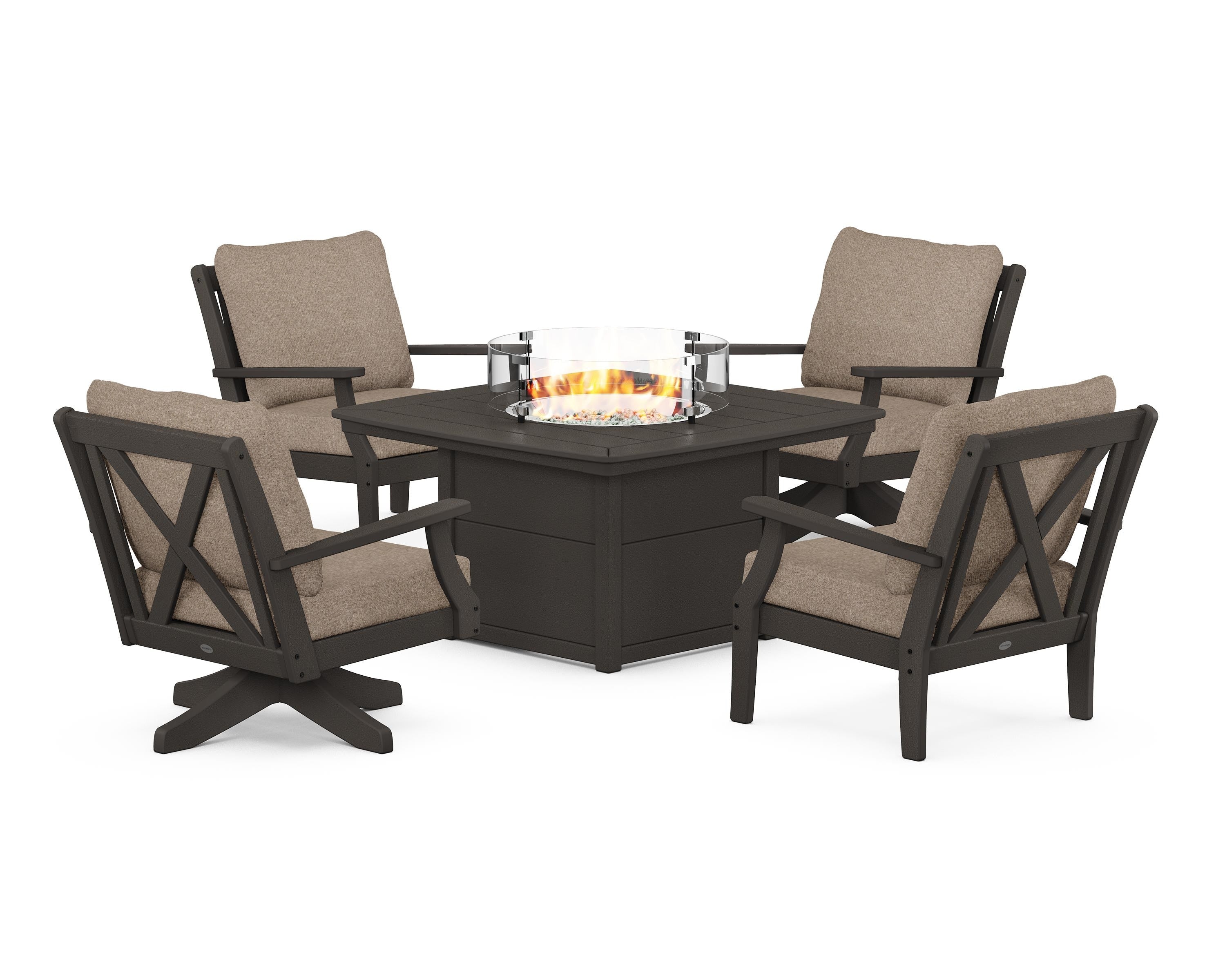 POLYWOOD Braxton 5-Piece Deep Seating Set with Fire Table in Vintage Coffee / Spiced Burlap