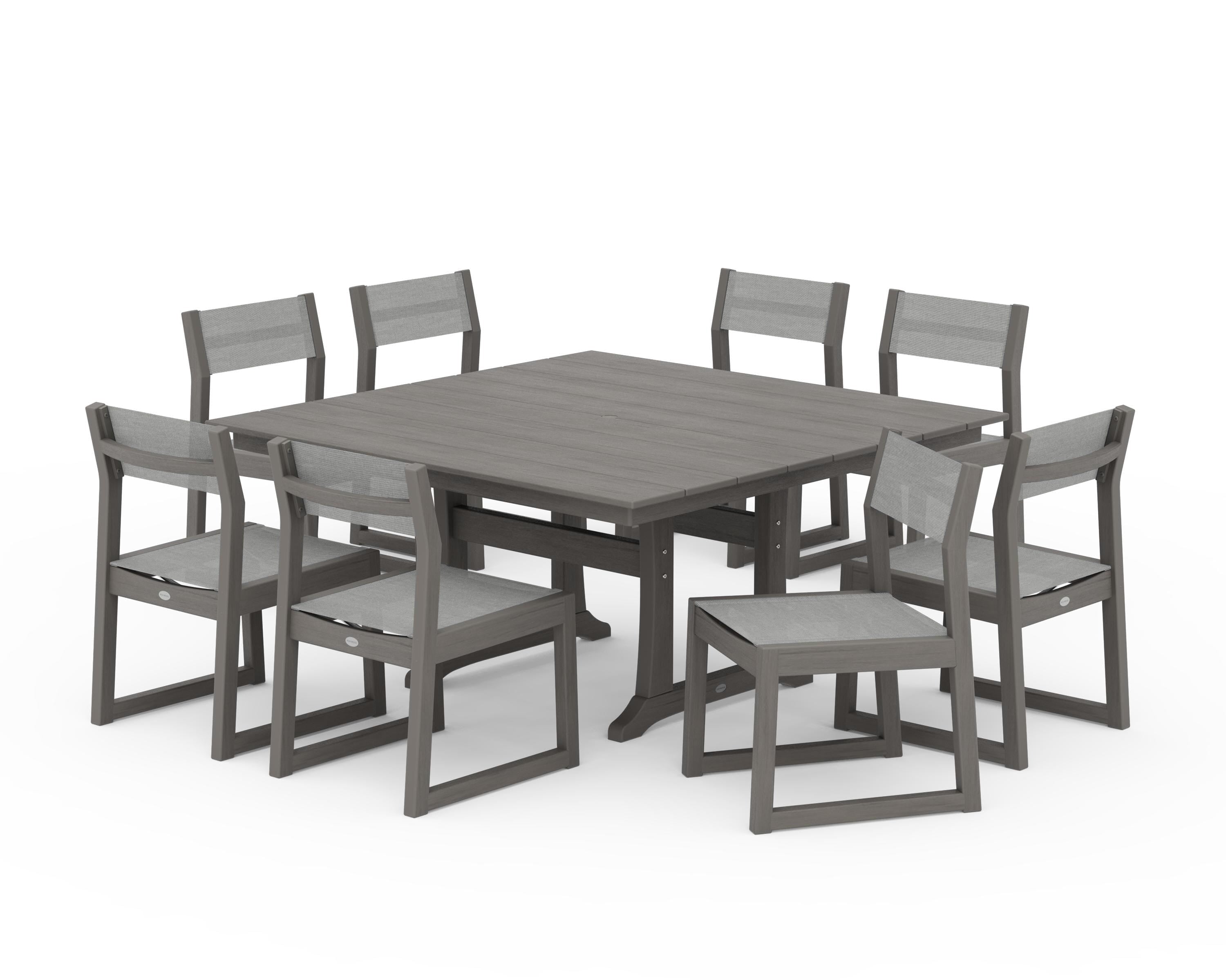 POLYWOOD EDGE Sling Side Chair 9-Piece Farmhouse Trestle Dining Set in Driftwood / Metallic Sling