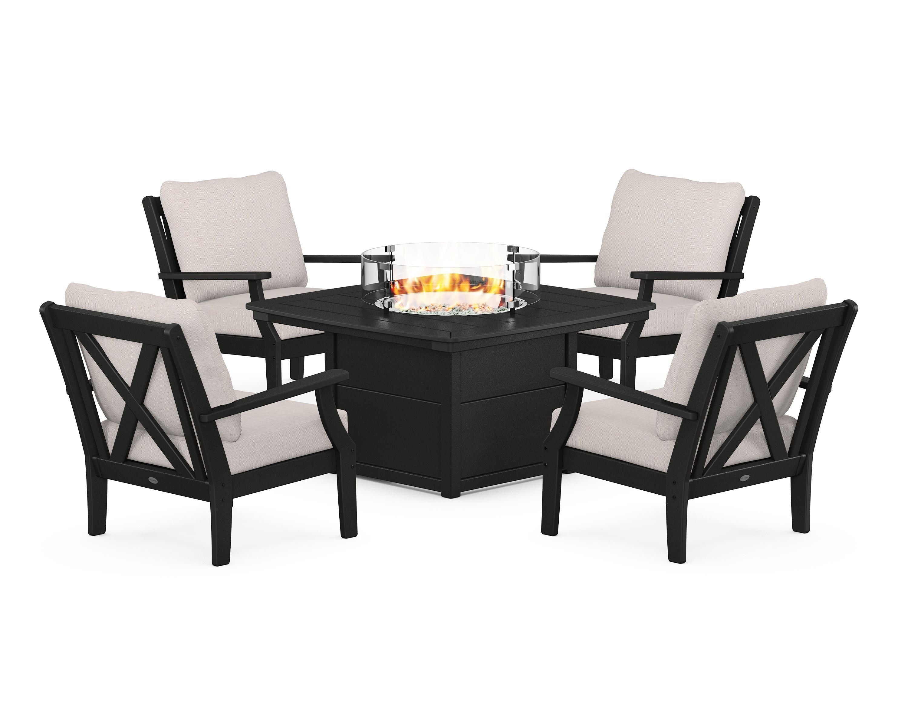 POLYWOOD Braxton 5-Piece Deep Seating Conversation Set with Fire Pit Table in Black / Dune Burlap