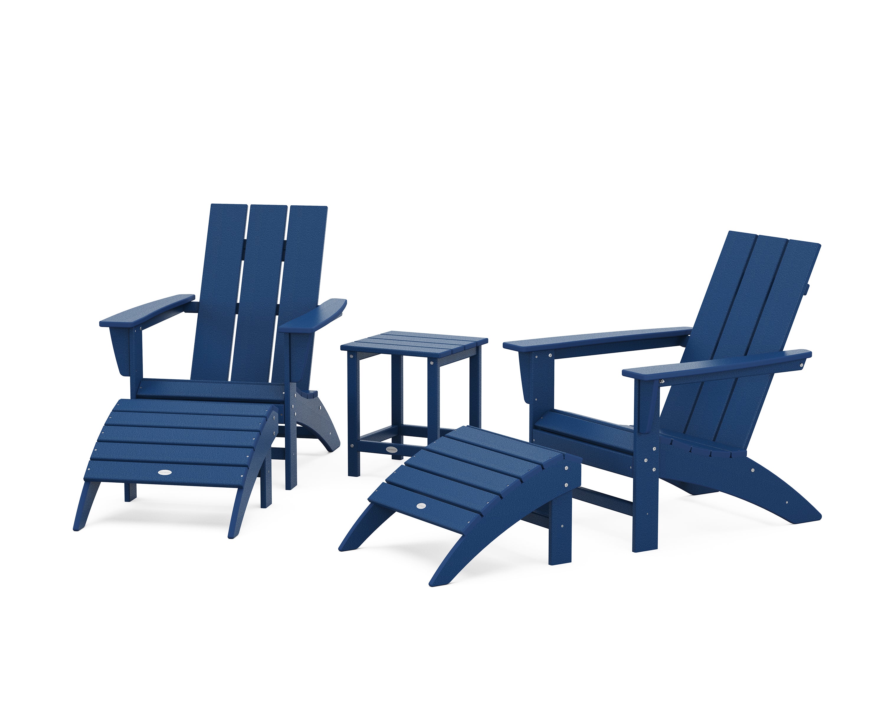 POLYWOOD® Modern Adirondack Chair 5-Piece Set with Ottomans and 18" Side Table in Navy