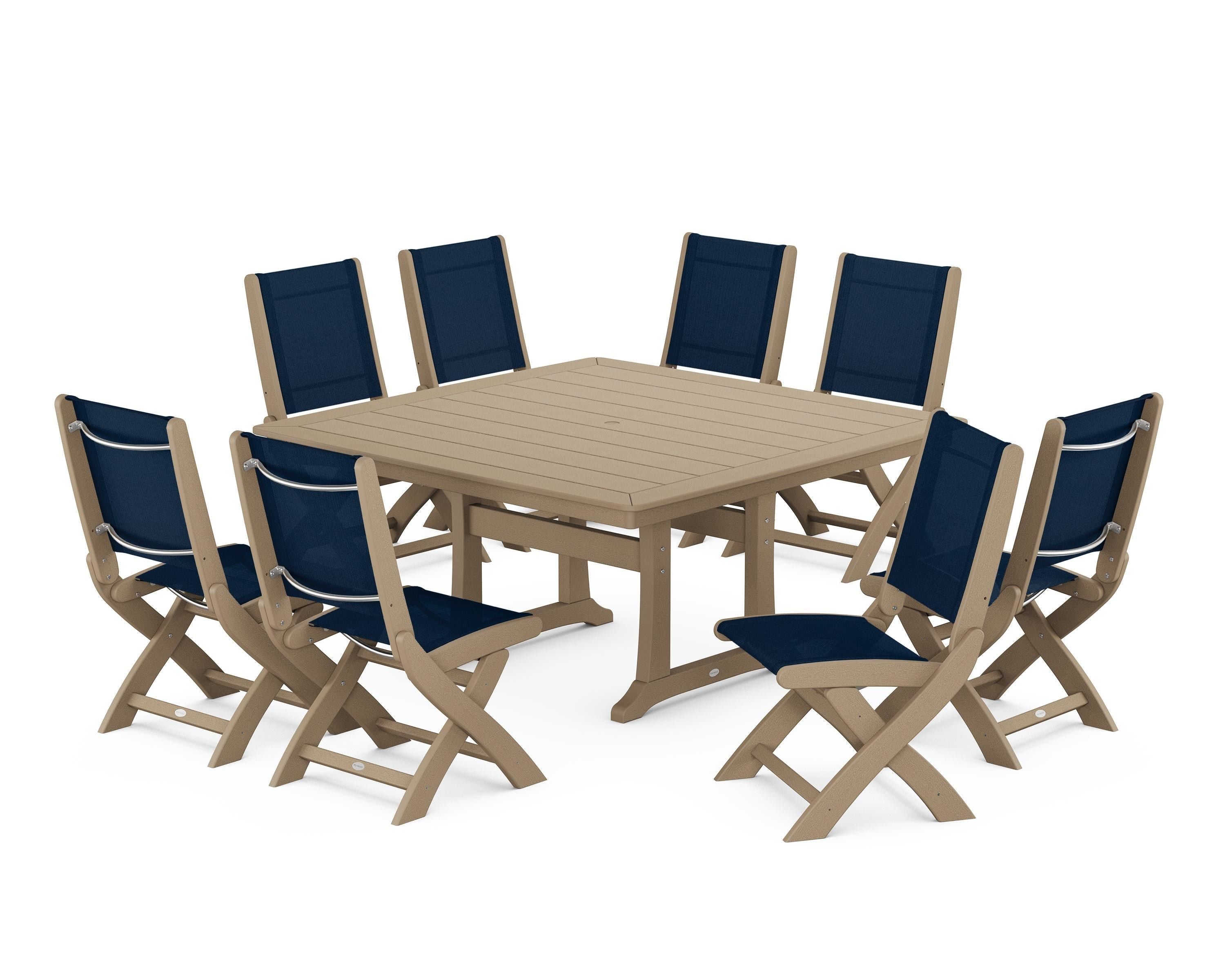 POLYWOOD Coastal Folding Side Chair 9-Piece Dining Set with Trestle Legs in Vintage Sahara / Navy Blue Sling