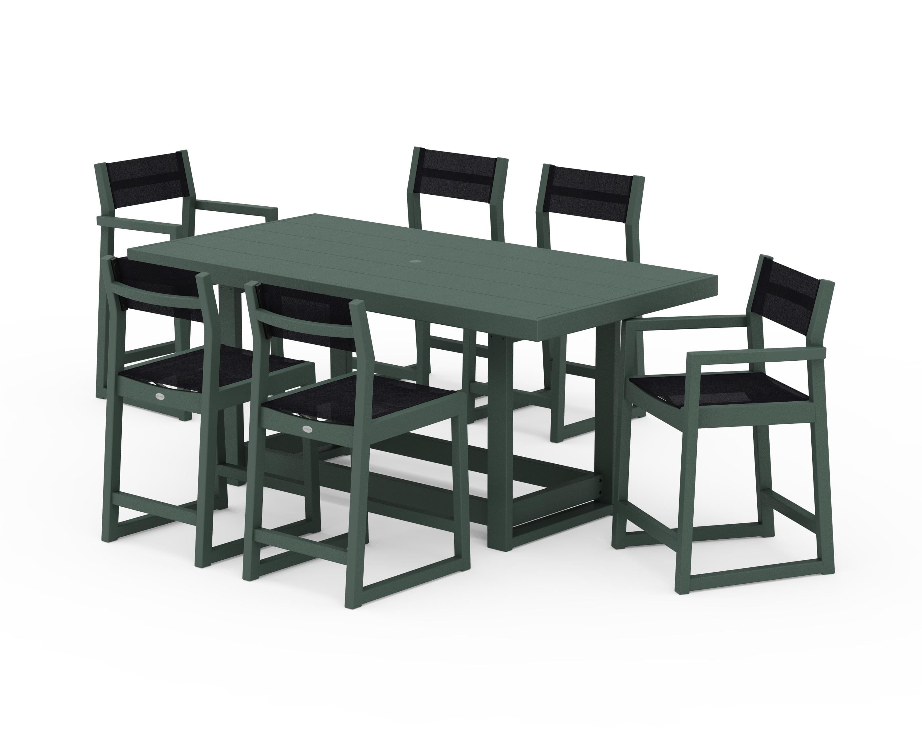 POLYWOOD EDGE Sling 7-Piece Counter Table Set in Green / Black Sling