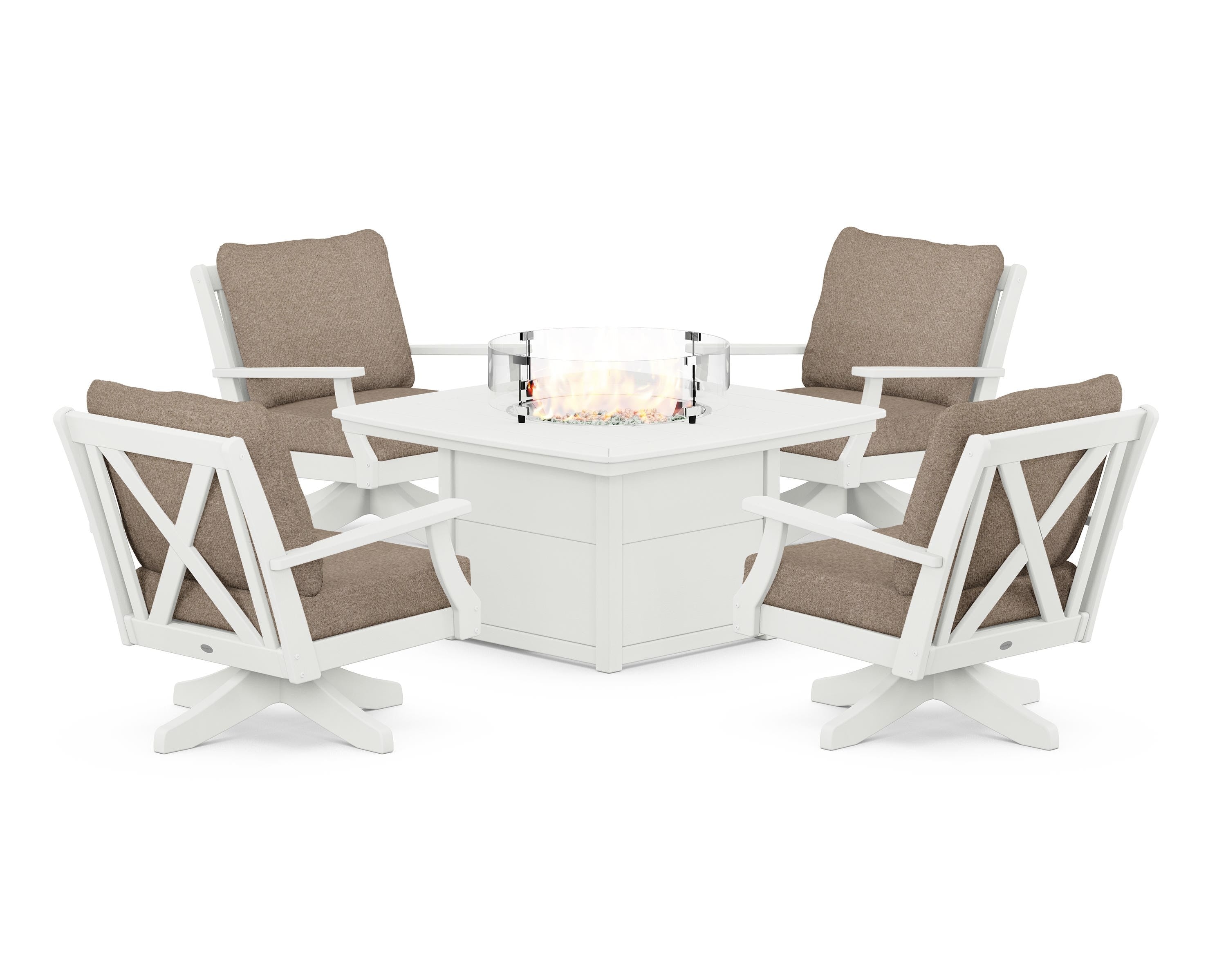 POLYWOOD Braxton 5-Piece Deep Seating Swivel Conversation Set with Fire Pit Table in Vintage White / Spiced Burlap