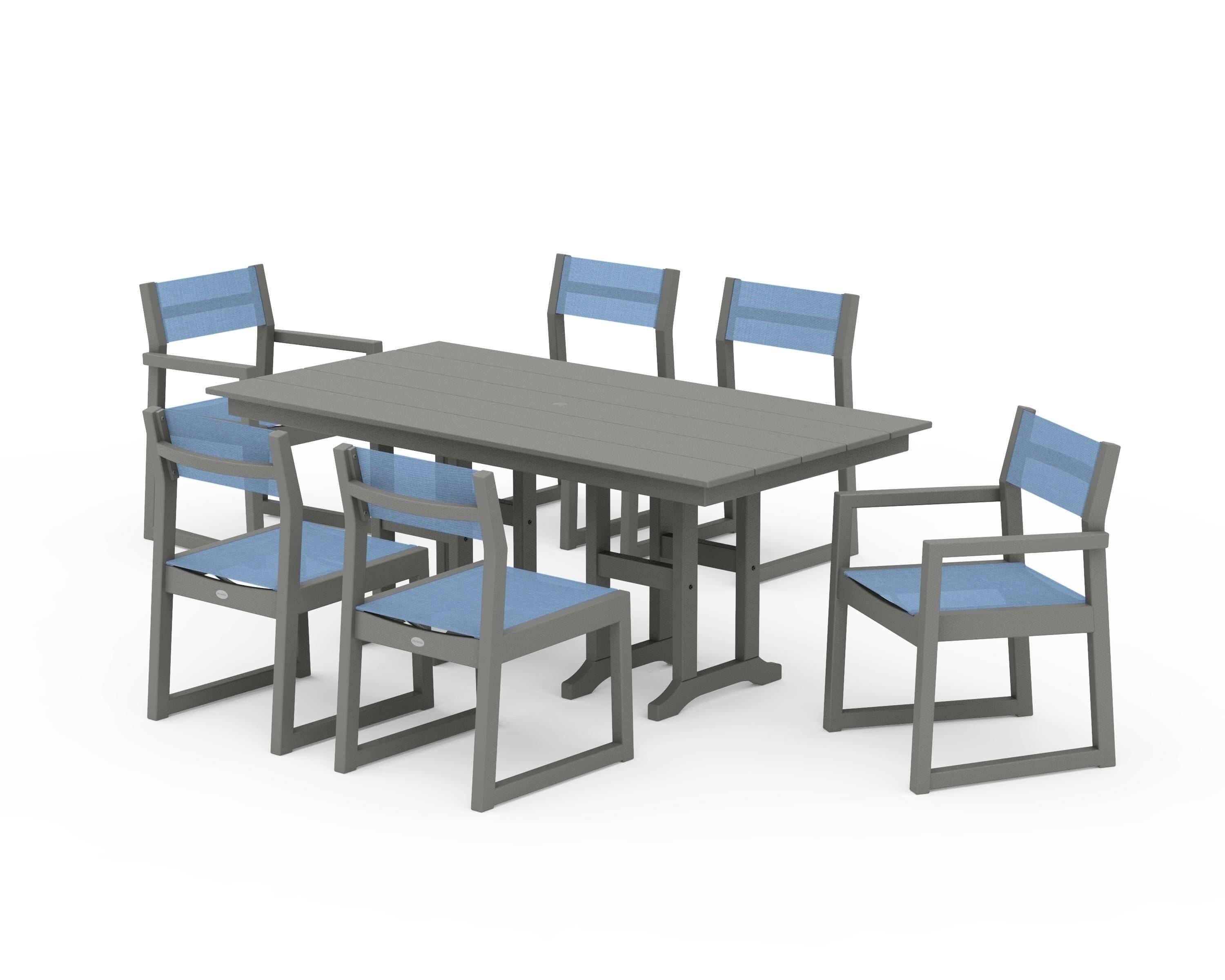 POLYWOOD EDGE Sling 7-Piece Farmhouse Dining Set in Slate Grey / Poolside Sling