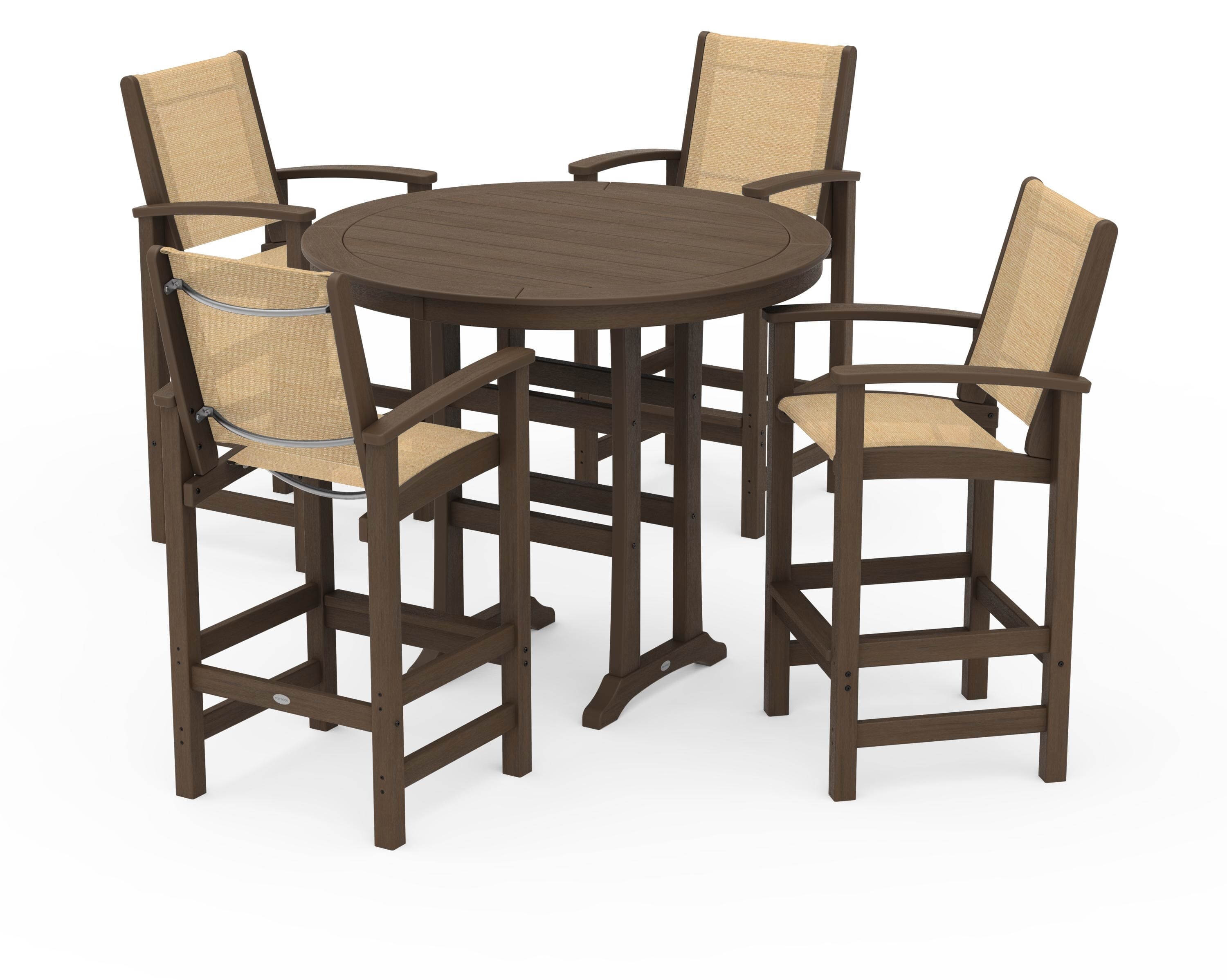 POLYWOOD Coastal 5-Piece Nautical Trestle Bar Set in Kona / Dupioni Apricot Sling