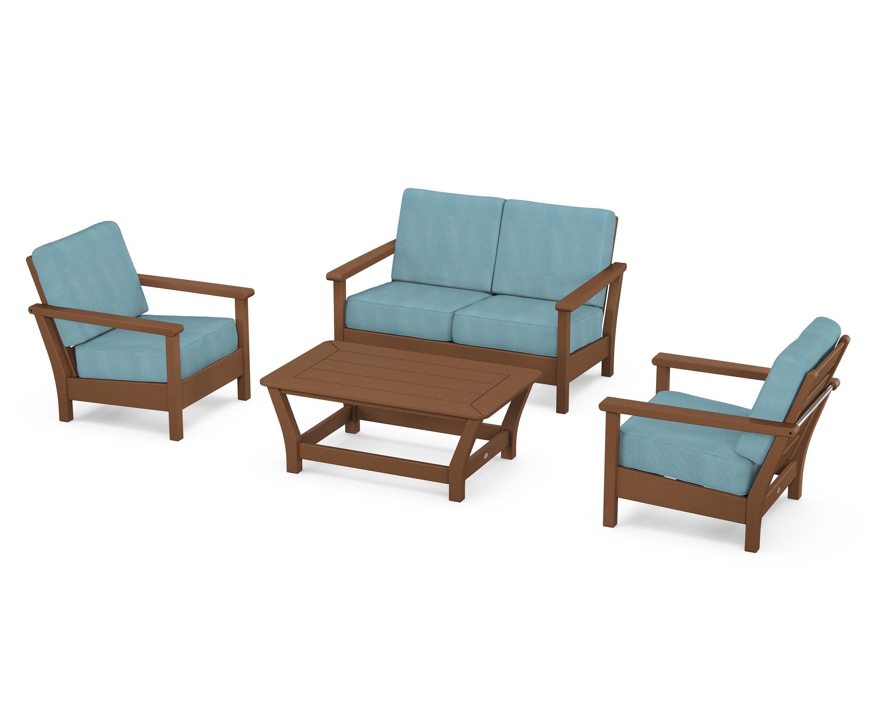 POLYWOOD Harbour 4-Piece Deep Seating Set in Teak / Lattice Sky Blue