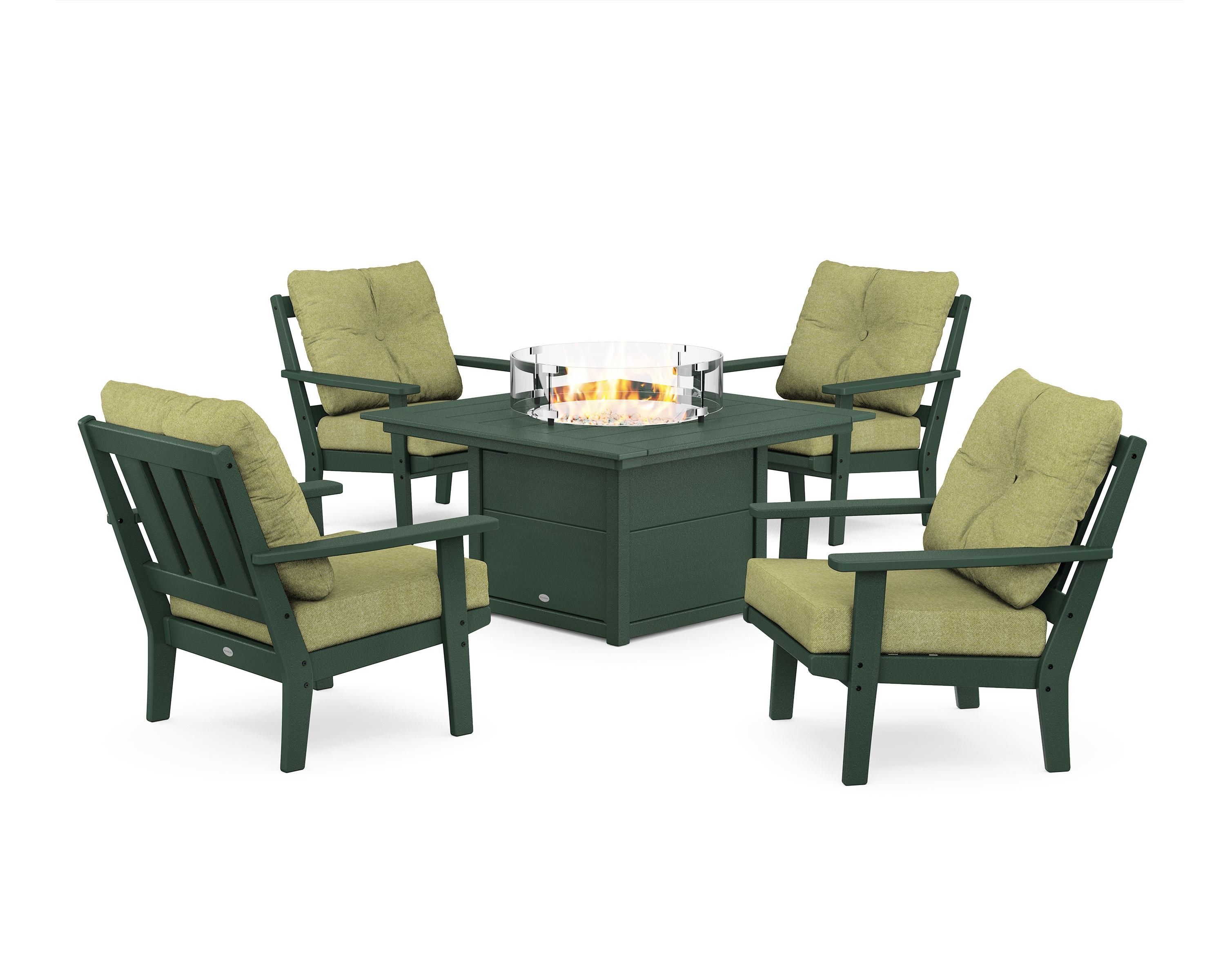 POLYWOOD Oxford 5-Piece Deep Seating Set with Fire Pit Table in Green / Chartreuse Boucle