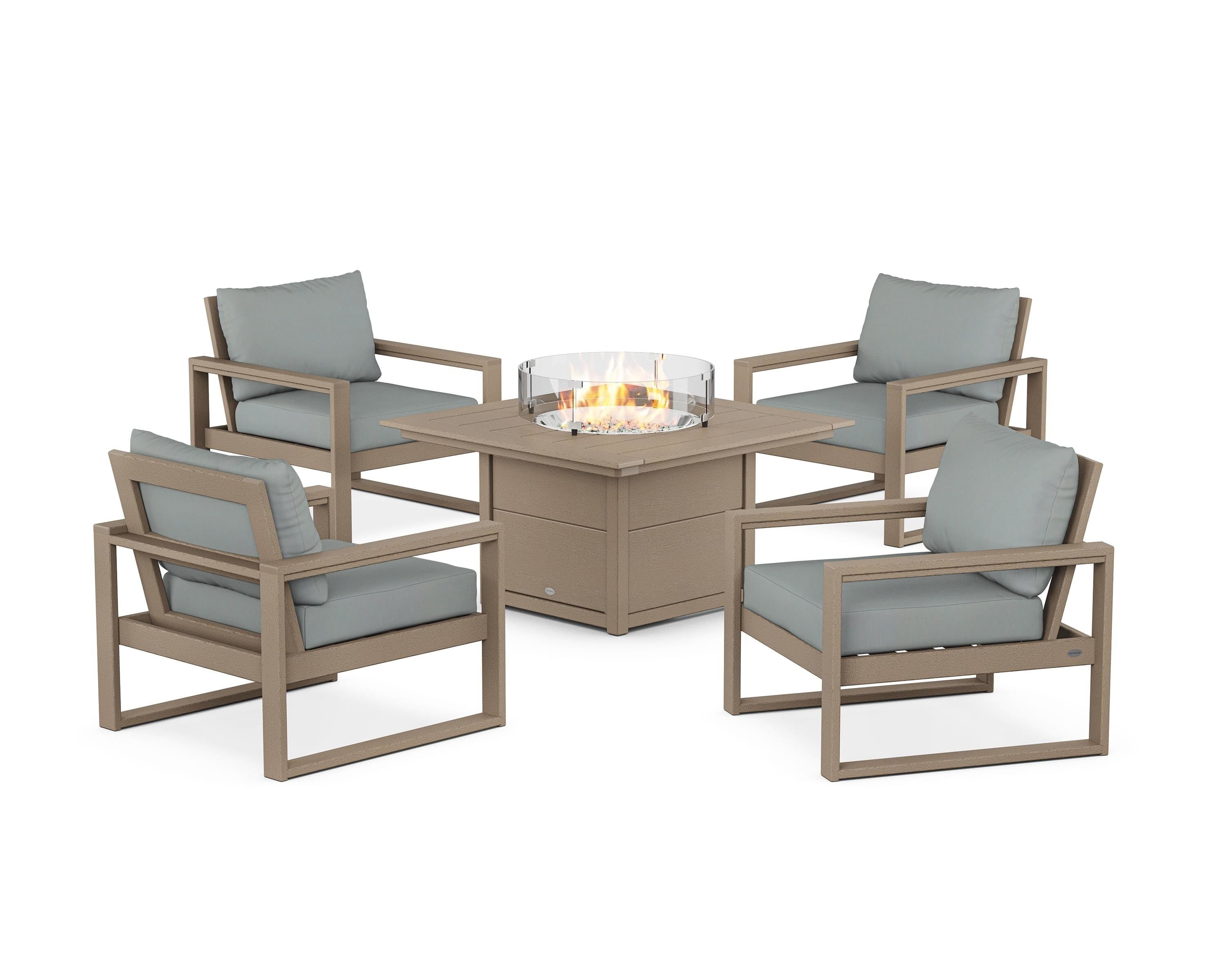 POLYWOOD EDGE Sectional 5-Piece Deep Seating Set with Fire Pit Table in Vintage Sahara / Spa