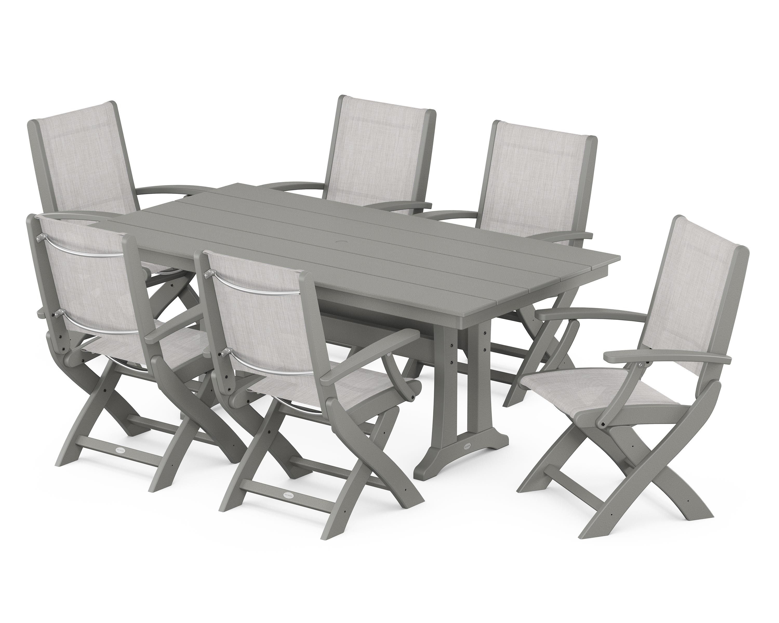 POLYWOOD Coastal Folding Arm Chair 7-Piece Farmhouse Dining Set with Trestle Legs in Slate Grey / Parchment Sling