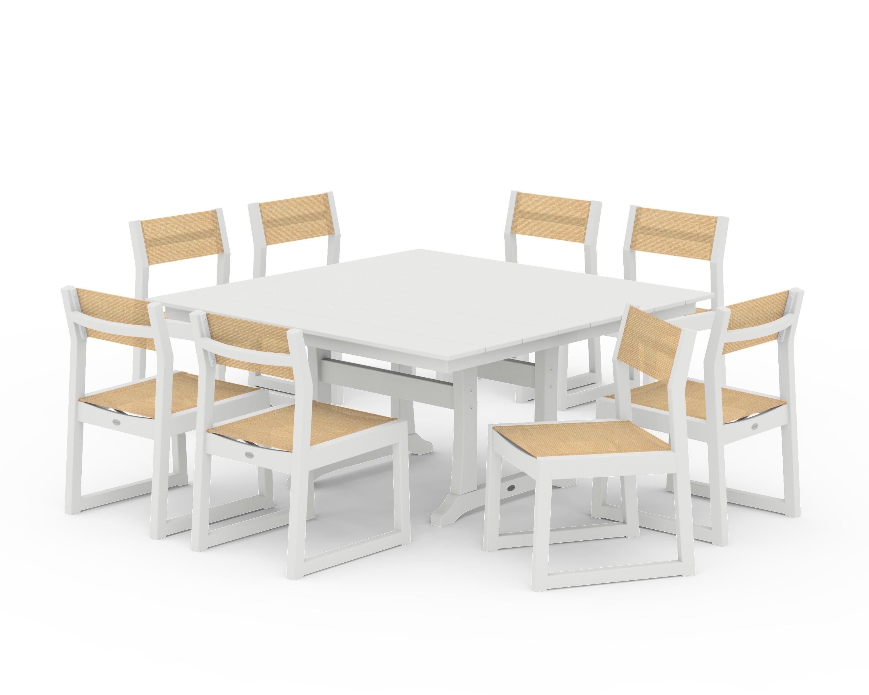 POLYWOOD EDGE Sling Side Chair 9-Piece Farmhouse Trestle Dining Set in Vintage White / Dupioni Apricot Sling