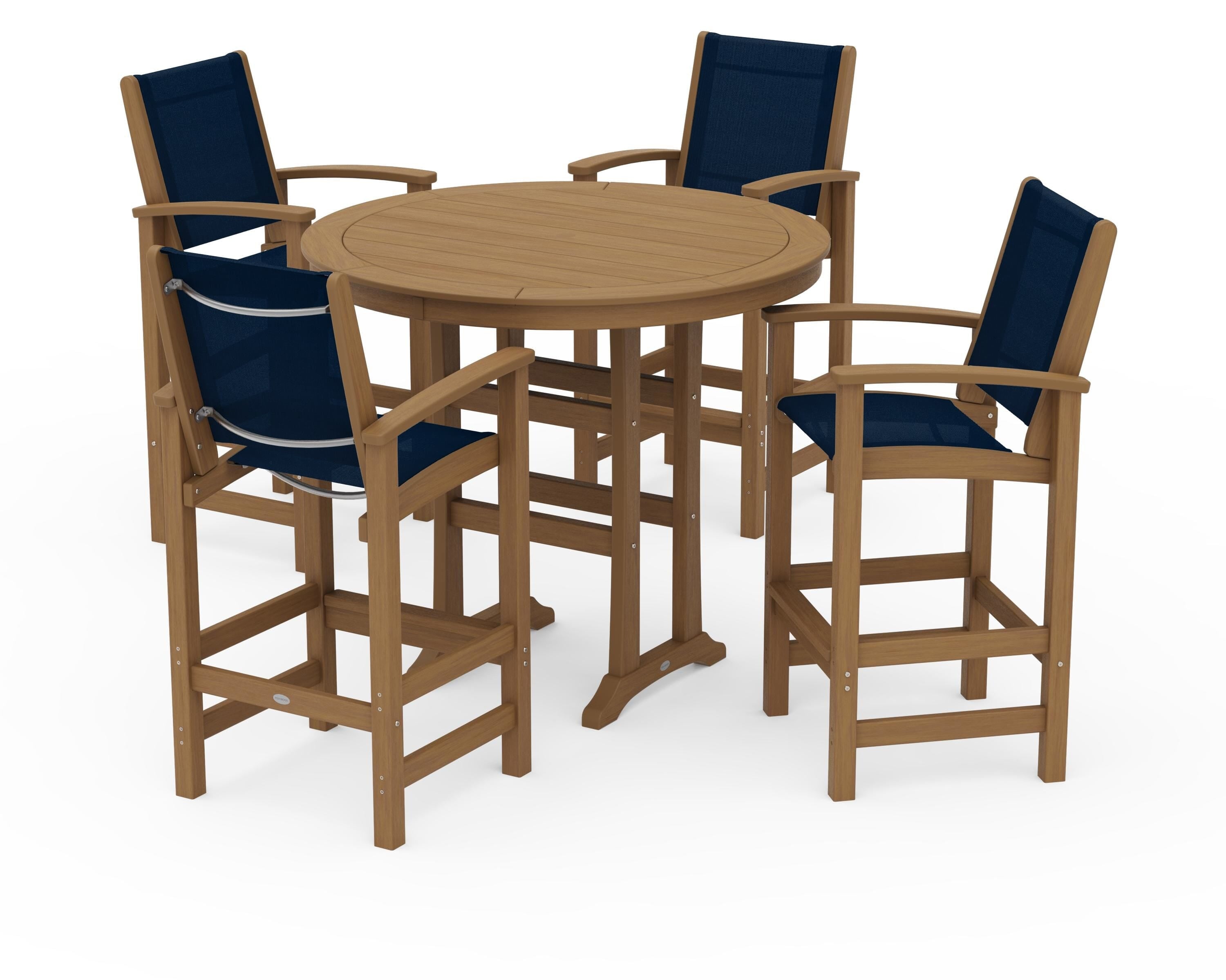 POLYWOOD Coastal 5-Piece Nautical Trestle Bar Set in Natural / Navy Blue Sling