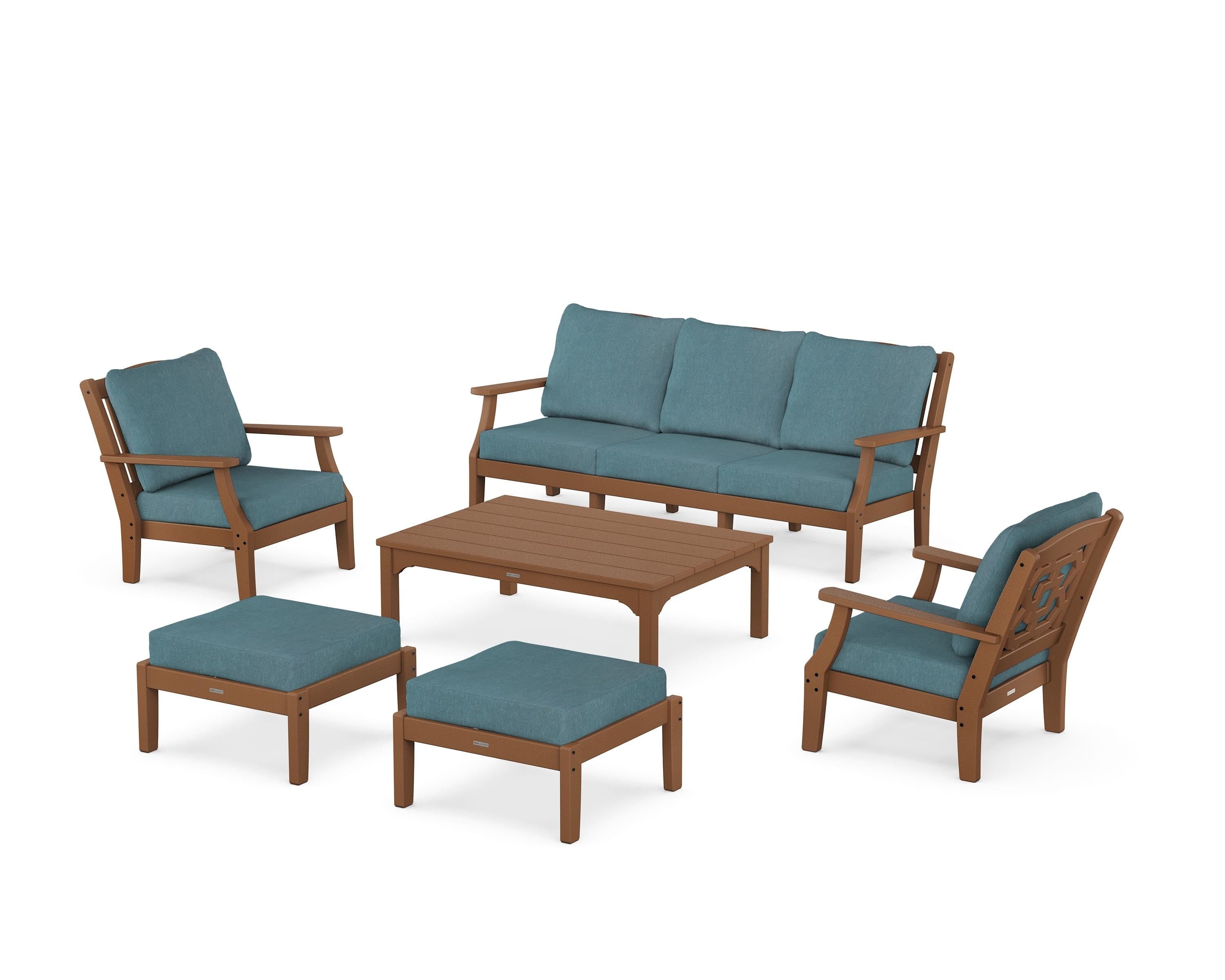 Martha Stewart by POLYWOOD Chinoiserie 6-Piece Lounge Sofa Set in Teak / Ocean Teal
