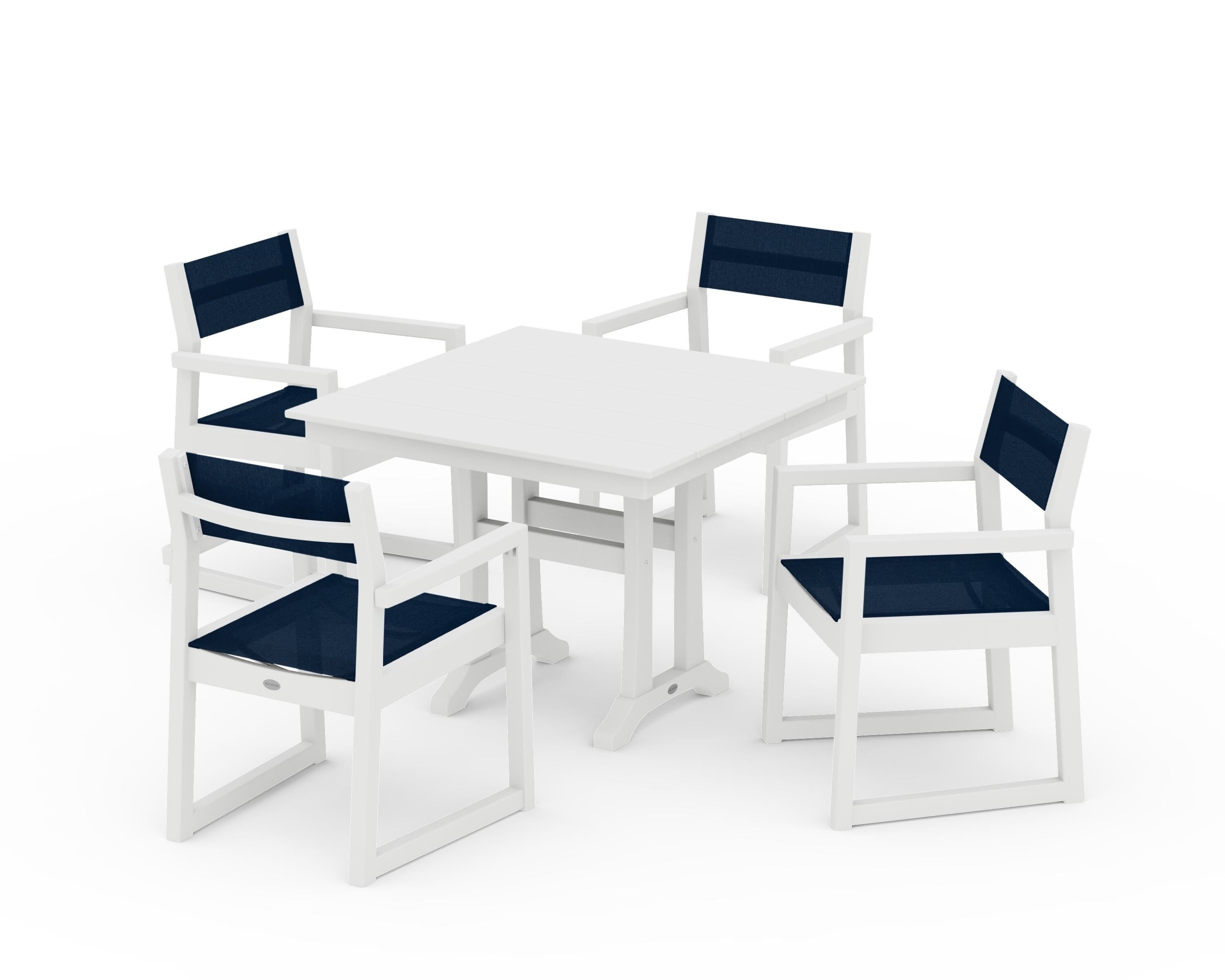 POLYWOOD EDGE Sling 5-Piece Farmhouse Dining Set with Trestle Legs in White / Navy Blue Sling