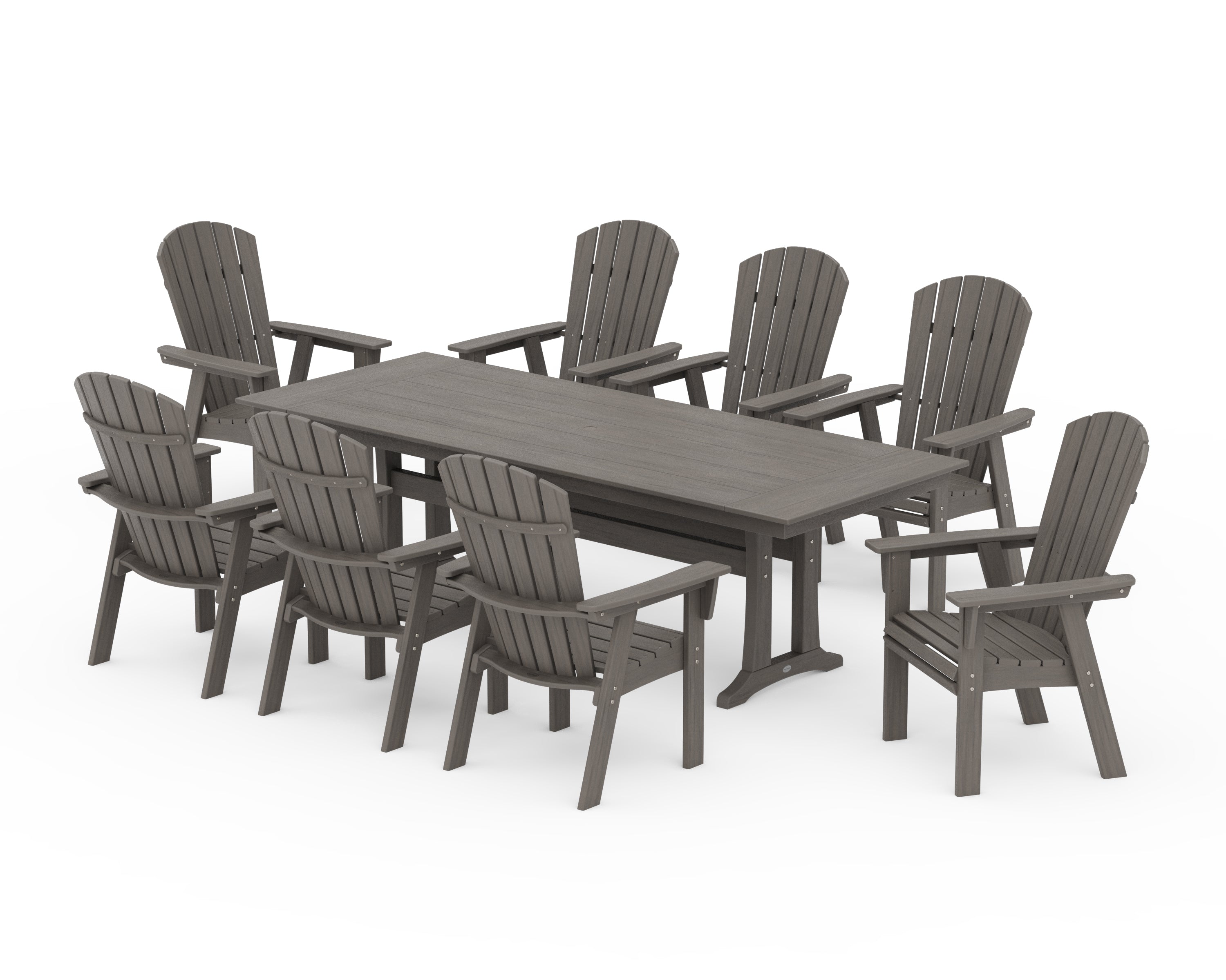 POLYWOOD Nautical 9-Piece Curveback Adirondack Farmhouse Dining Set with Trestle Legs in Driftwood