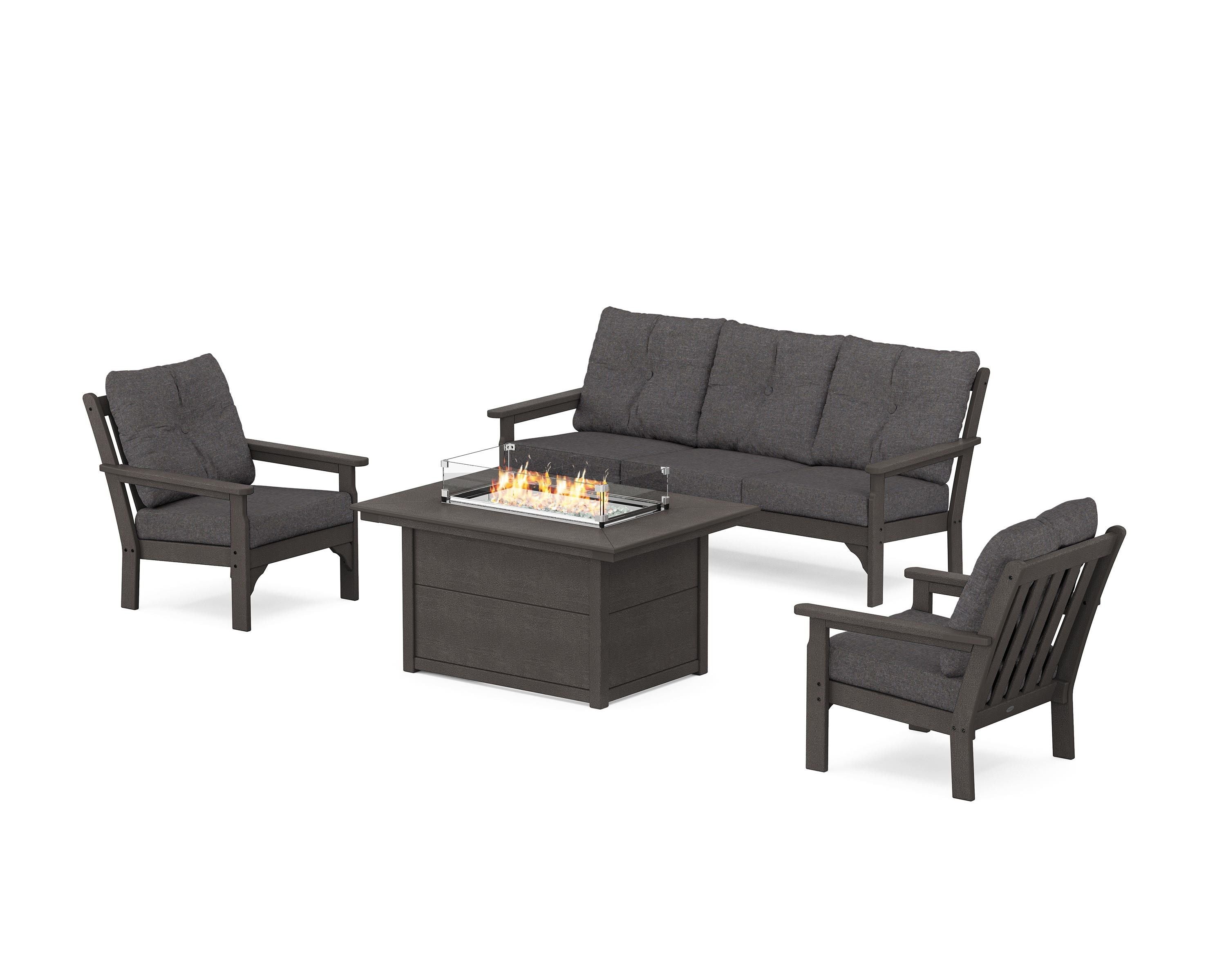 POLYWOOD Vineyard Deep Seating Fire Pit Table Set in Vintage Coffee / Ash Charcoal