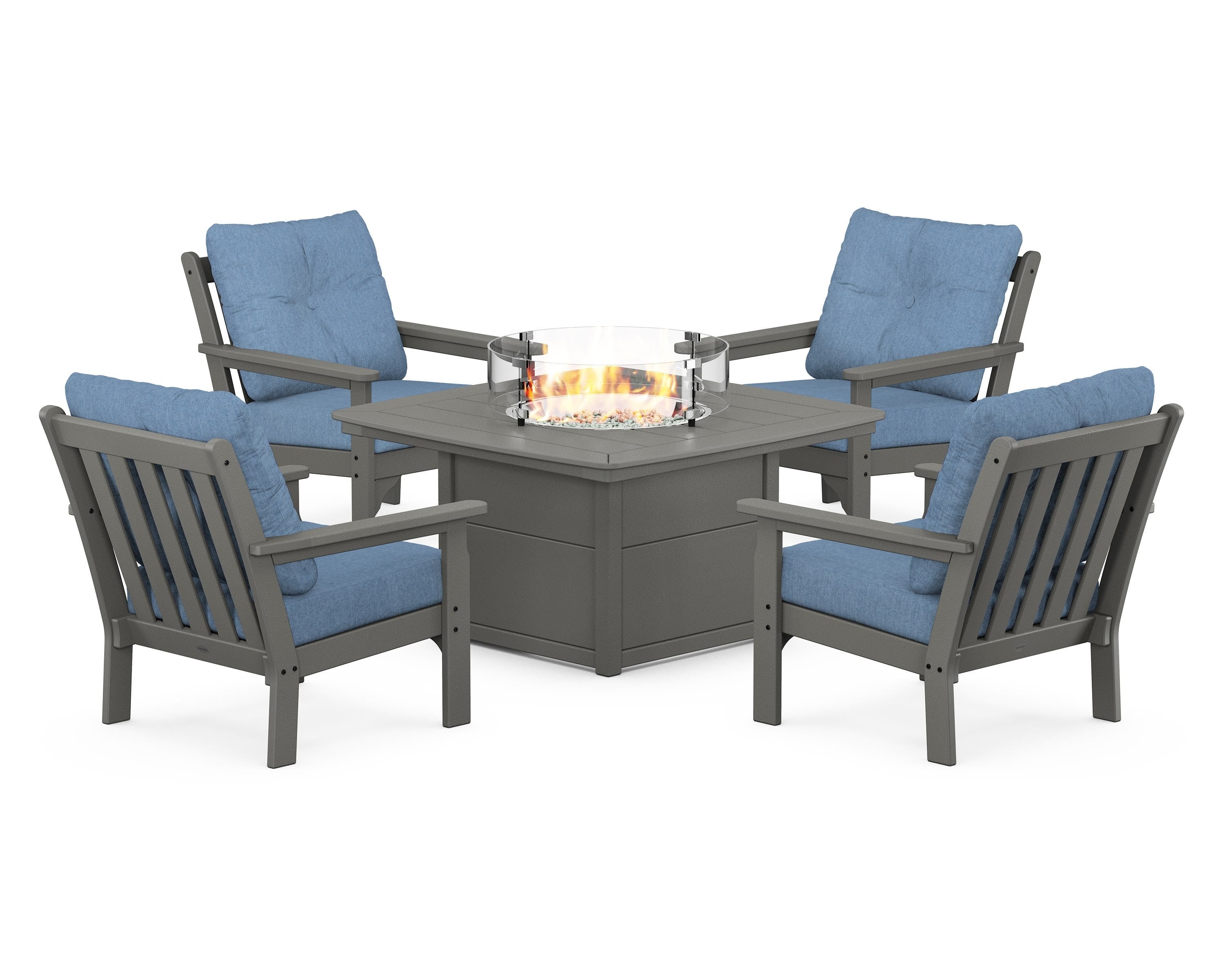 POLYWOOD Vineyard 5-Piece Conversation Set with Fire Pit Table in Slate Grey / Sky Blue