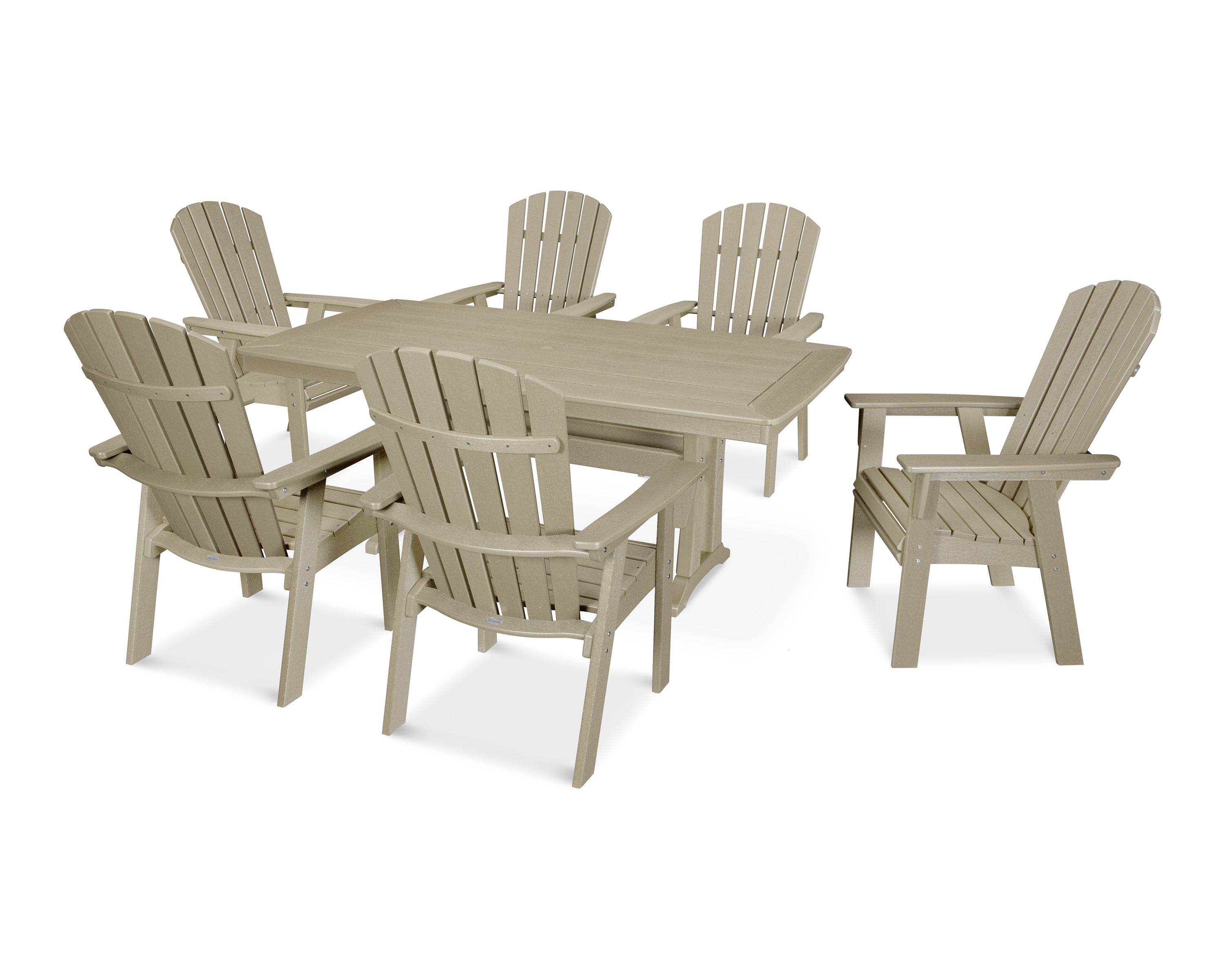 POLYWOOD® Nautical Curveback Adirondack 7-Piece Dining Set with Trestle Legs in Vintage Sahara