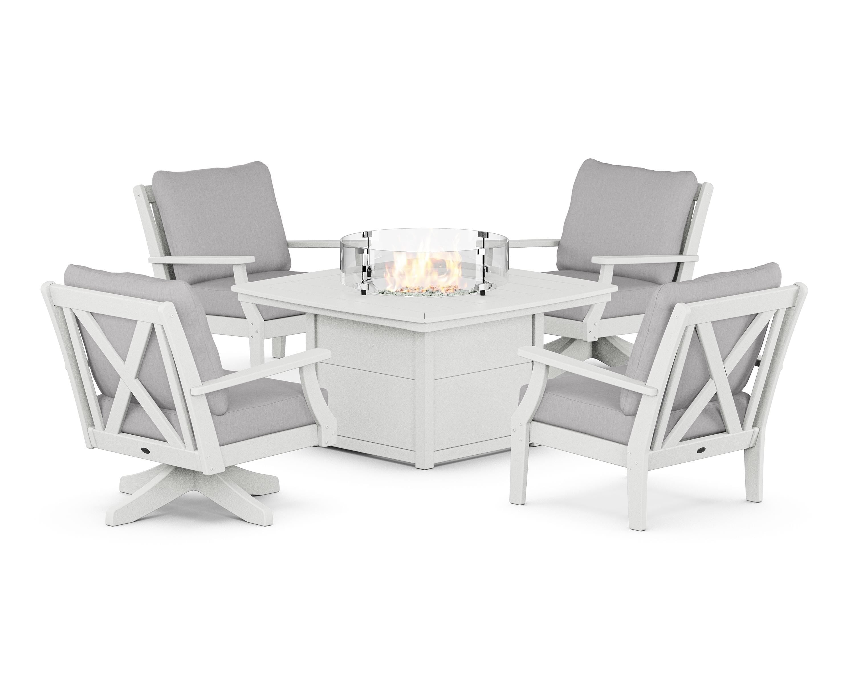 POLYWOOD Braxton 5-Piece Deep Seating Set with Fire Table in Vintage White / Granite
