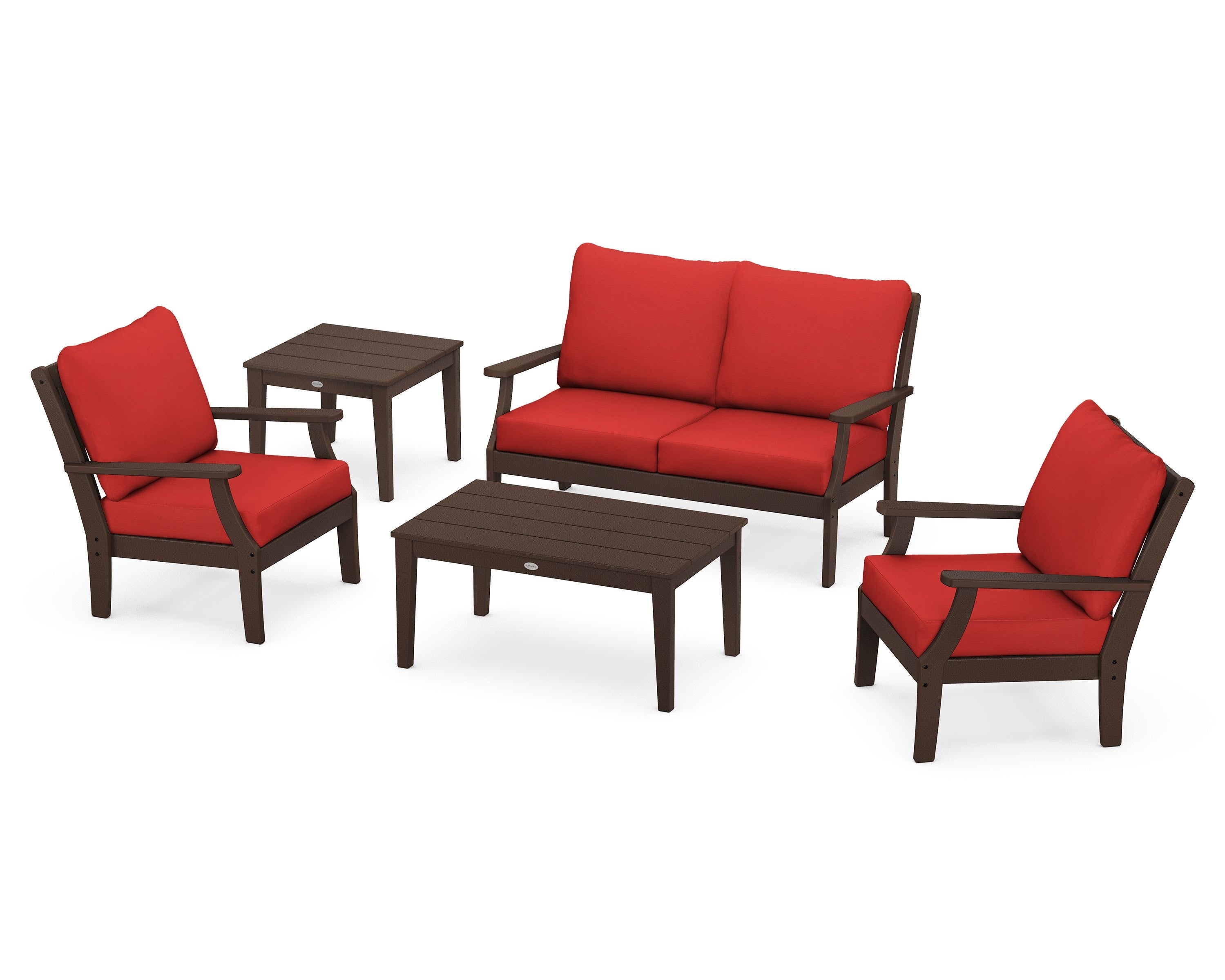 POLYWOOD Braxton 5-Piece Deep Seating Set in Mahogany / Crimson Linen