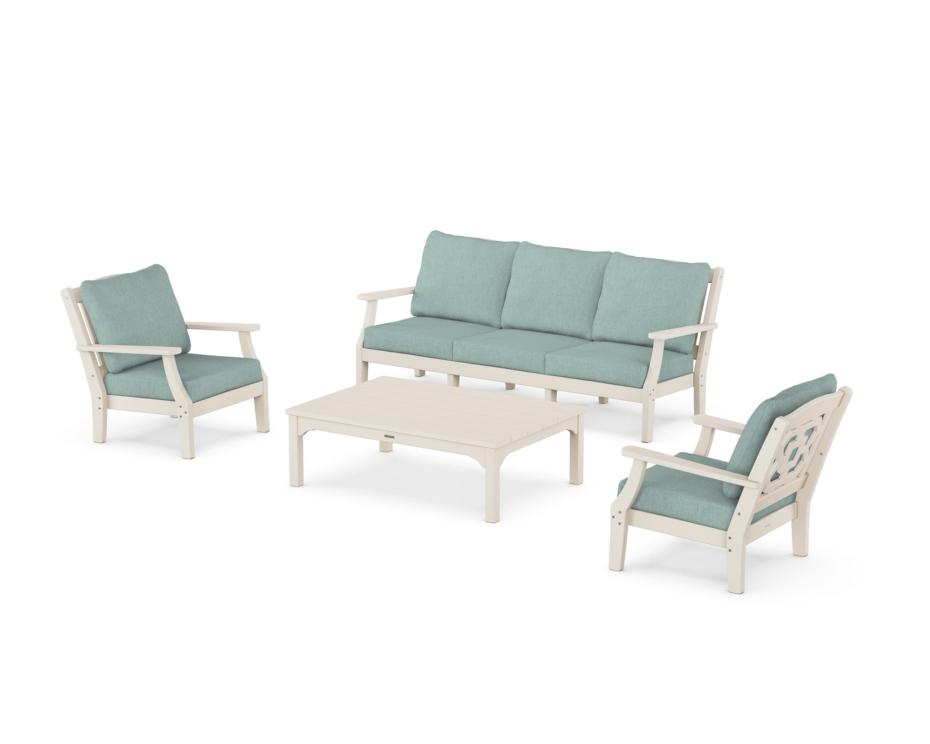Martha Stewart by POLYWOOD Chinoiserie 4-Piece Deep Seating Set with Sofa in Sand / Glacier Spa