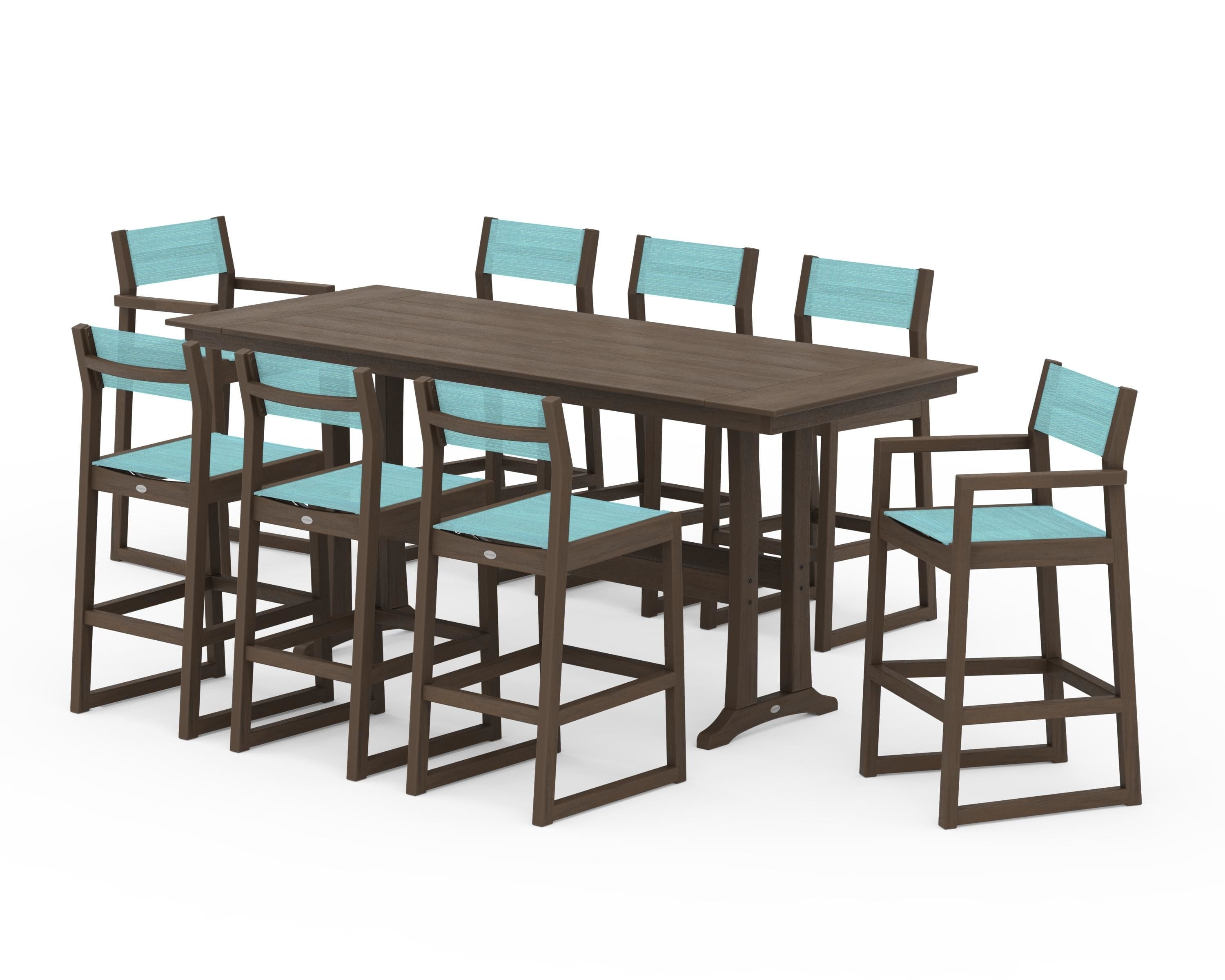 POLYWOOD EDGE Sling 9-Piece Farmhouse Bar Set with Trestle Legs in Kona / Dupioni Aquamarine Sling