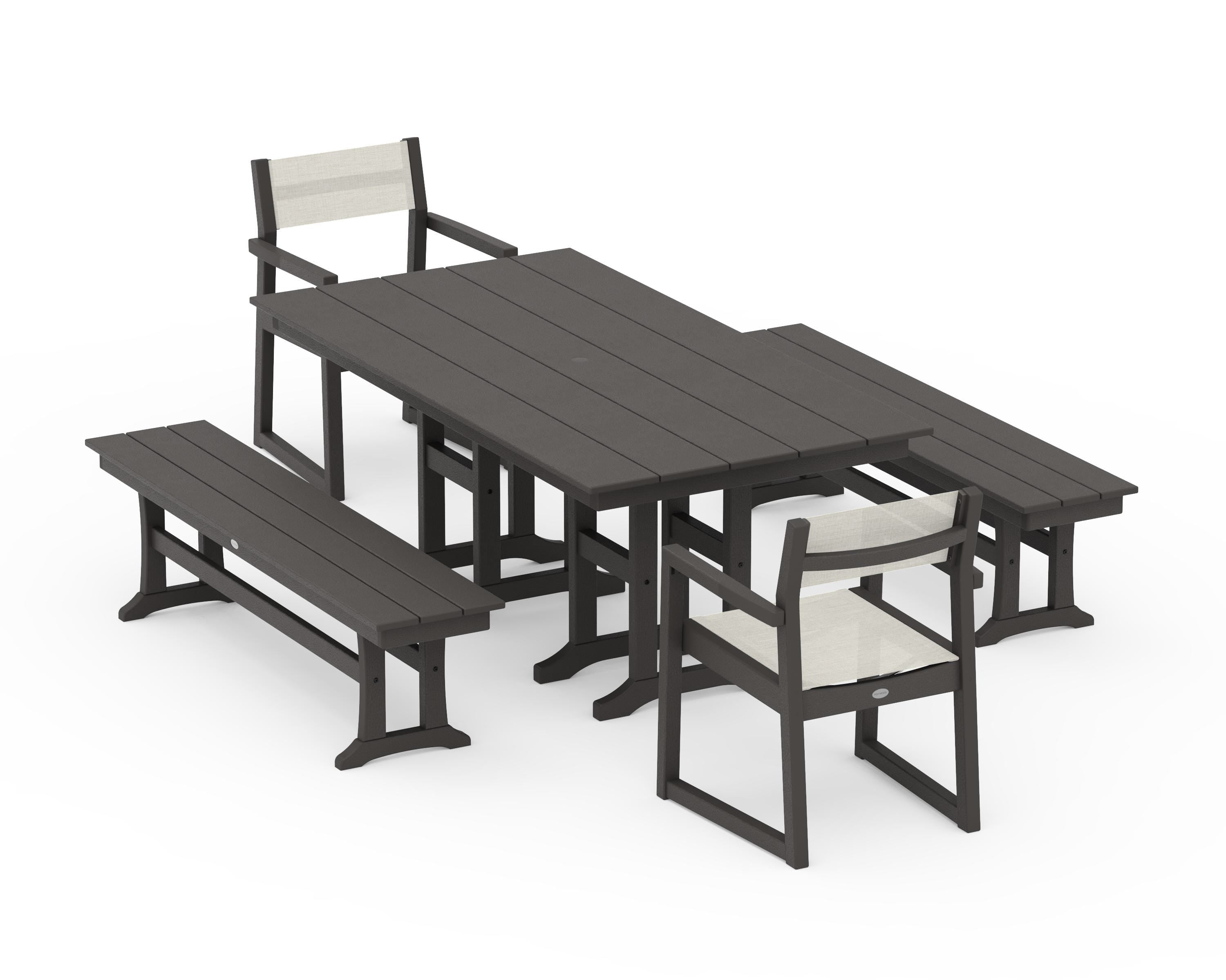 POLYWOOD EDGE Sling Arm Chair 5-Piece Farmhouse Dining Set with Benches in Vintage Coffee / Parchment Sling
