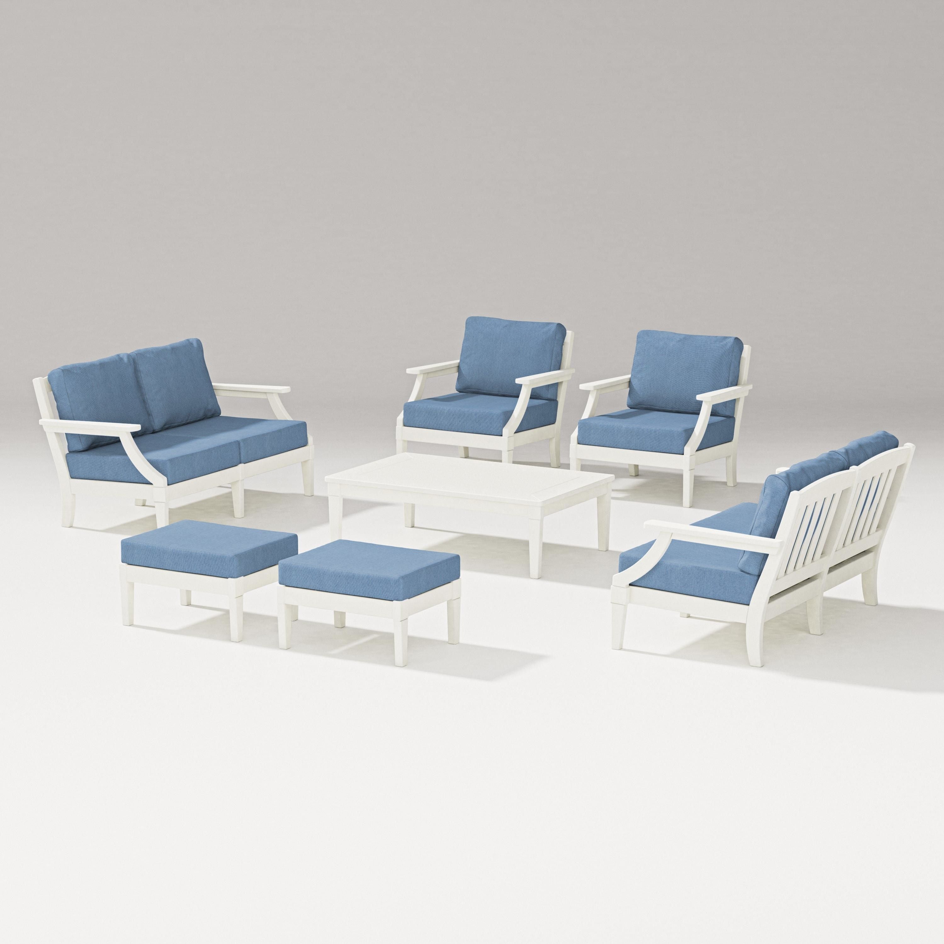 PW Designer Series Estate 7-Piece Lounge Loveseat Set in Vintage White / Sky Blue